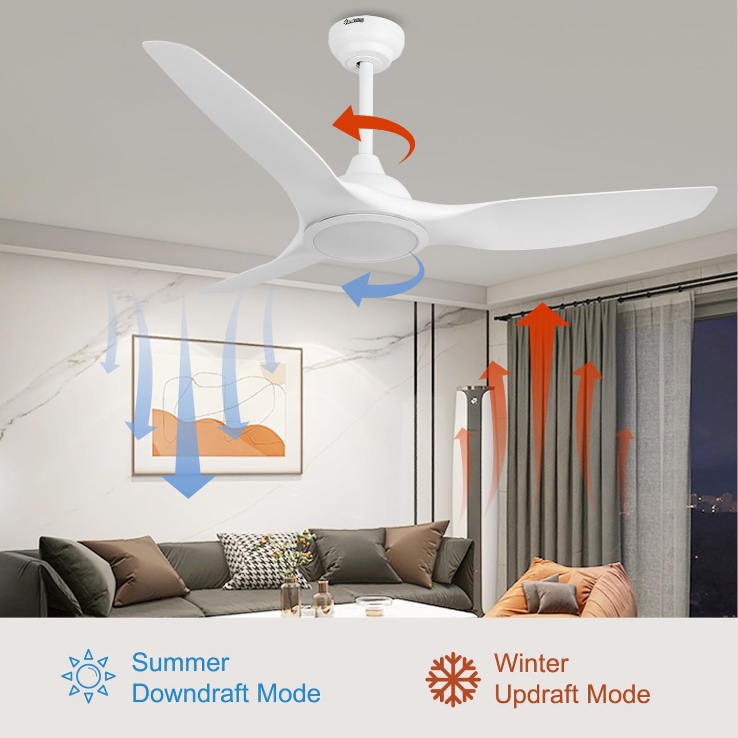 52 Inch 3 Blade Modern White Ceiling Fan with Light Remote Control