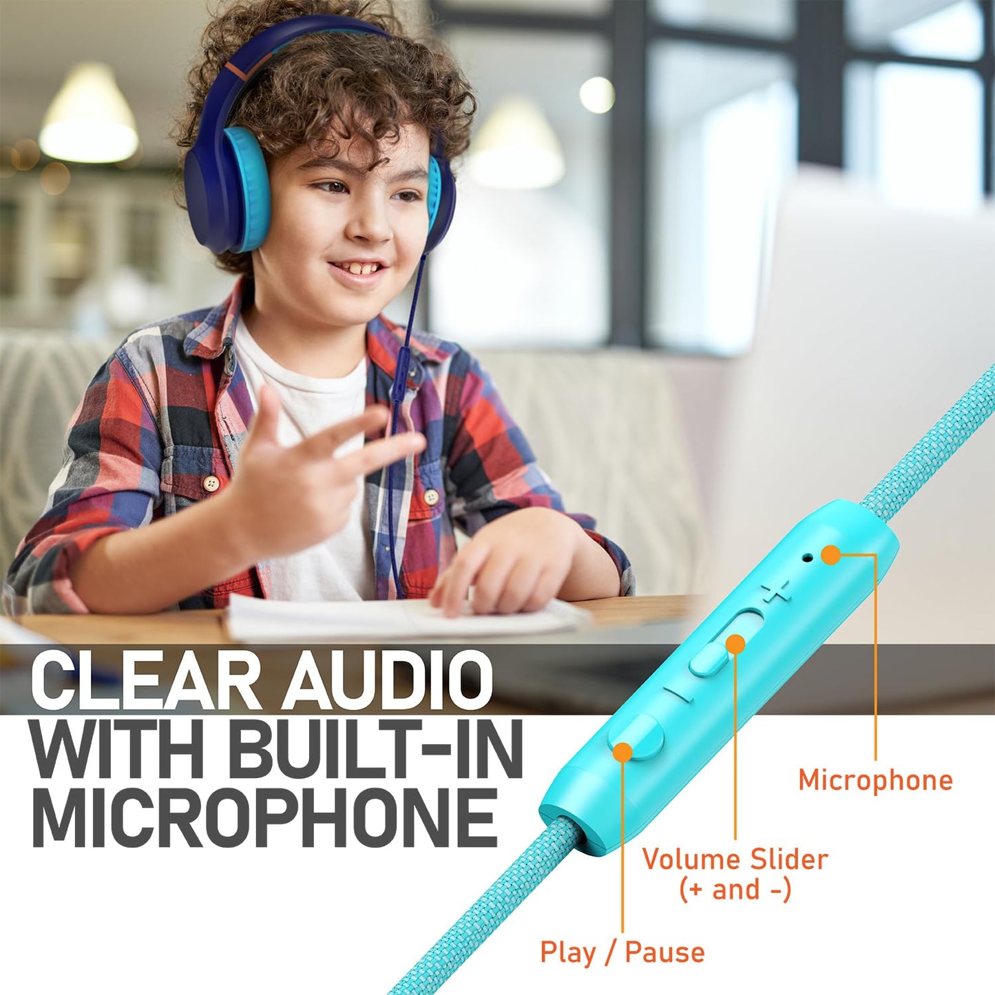 FosPower Kids Headphones with 3.5mm Laced Cables, Children & Teens Over The Ear Foldable Adjustable Headset w/Built-in Mic