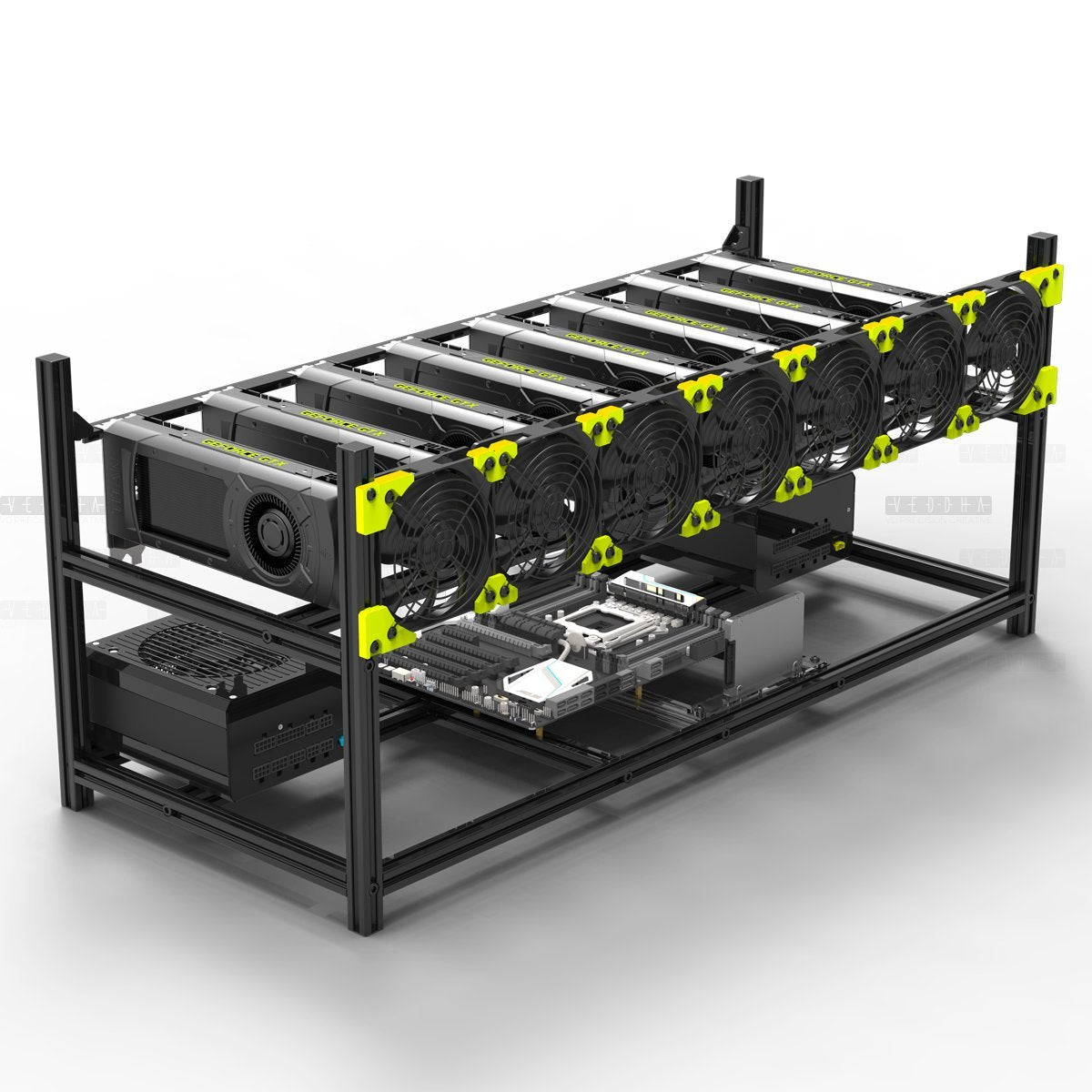 Veddha V3C 8-GPU Mining Case Aluminum Stackable Mining Rig Open Air Frame Case with Fan Mount