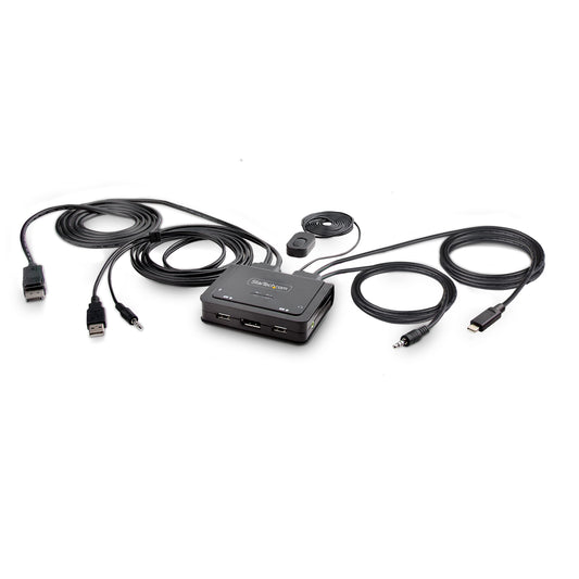 StarTech.com 2-Port Hybrid USB-C DisplayPort Cable KVM Switch, 4K 60Hz, Compact KVM with 6ft/1.8m USB-A/DP/Audio & 4ft/1.2m USB-C Integrated Cables