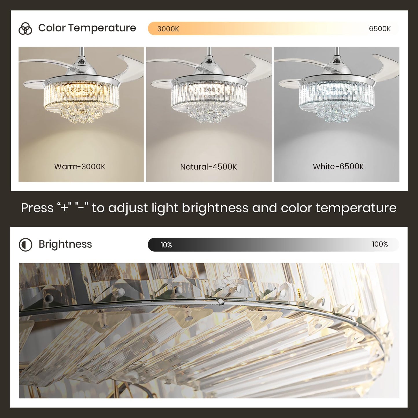 36" Fandelier, Crystal Ceiling Fan with Lights and Remote, Invisible Retractable Dimmable Chandelier Fan, 6-Speed Reversible Timer Ceiling Fan Light