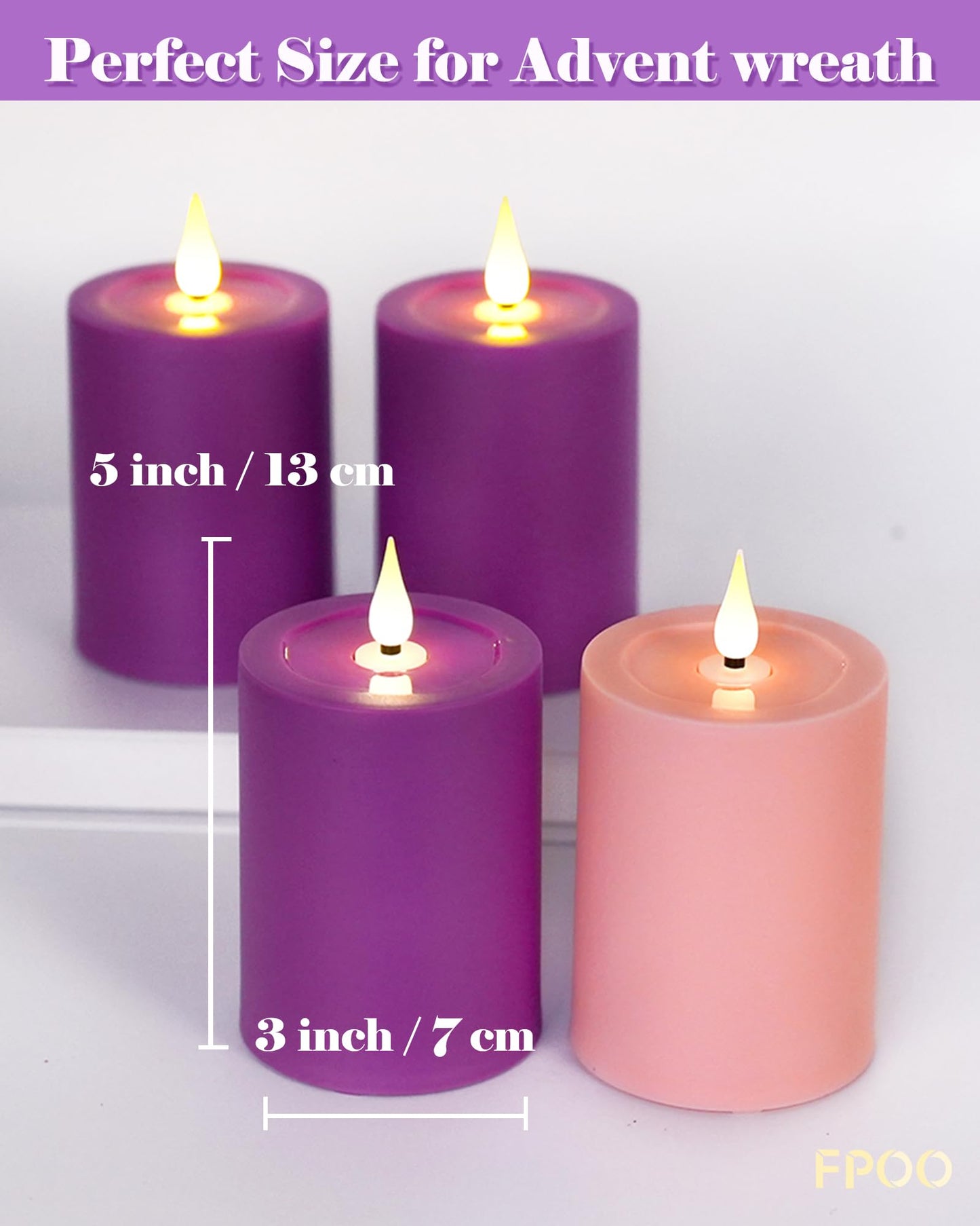 FPOO Advent Candles Battery Operated Set of 4, Flameless Candles with Remote Timer for Advent Wreath Church Décor (3‘’x 5‘’)
