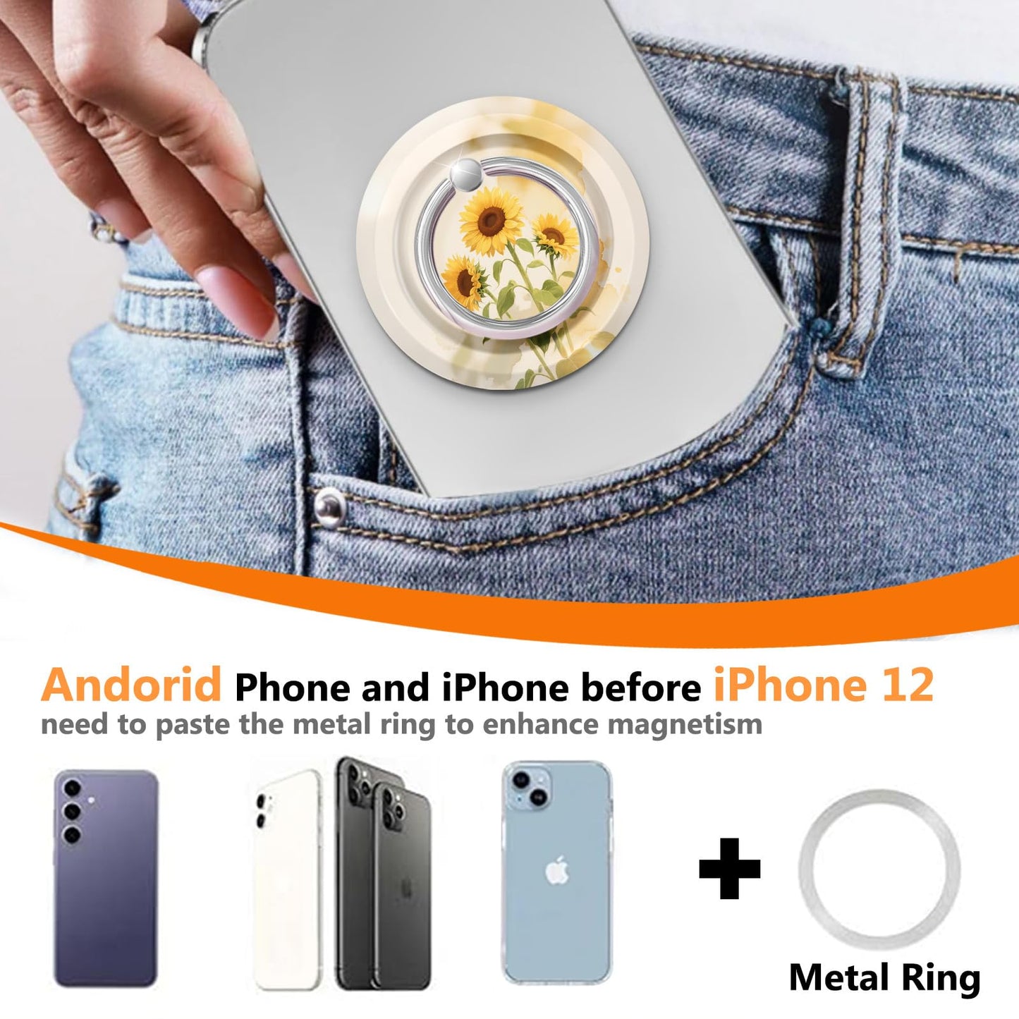 ZypopZy Cute Magnetic Phone Ring Stand Compatible with MagSafe, 360° Adjustable & Removable Magnet Cellphone Grip Holder for Smartphone and Tablets