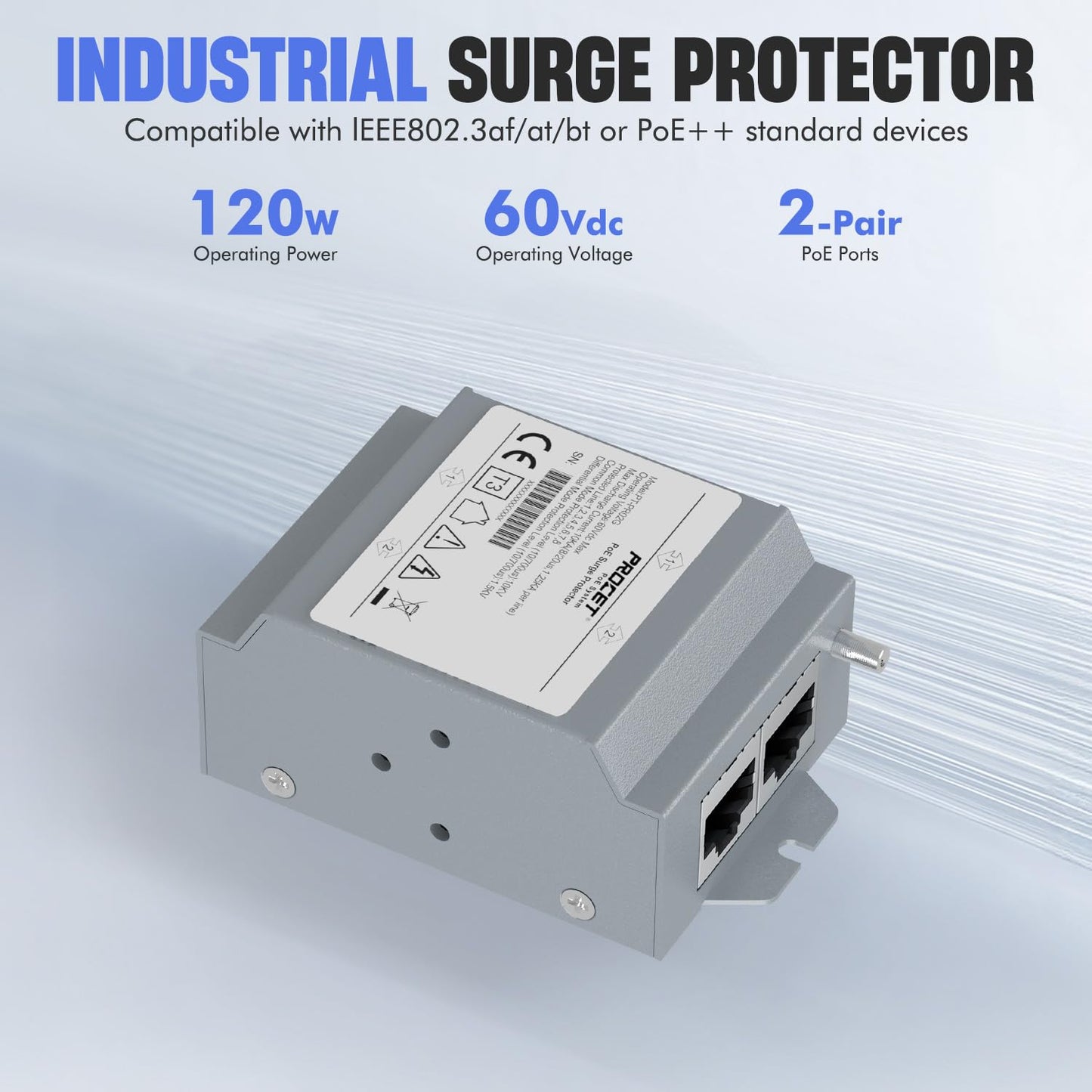 PROCET Ethernet Surge Protector Gigabit - 2 Pairs Port 20KV Industrial Lightning Arrestor for -40°F to 185°F, 120W/port PoE++ RJ45 Surge Protector