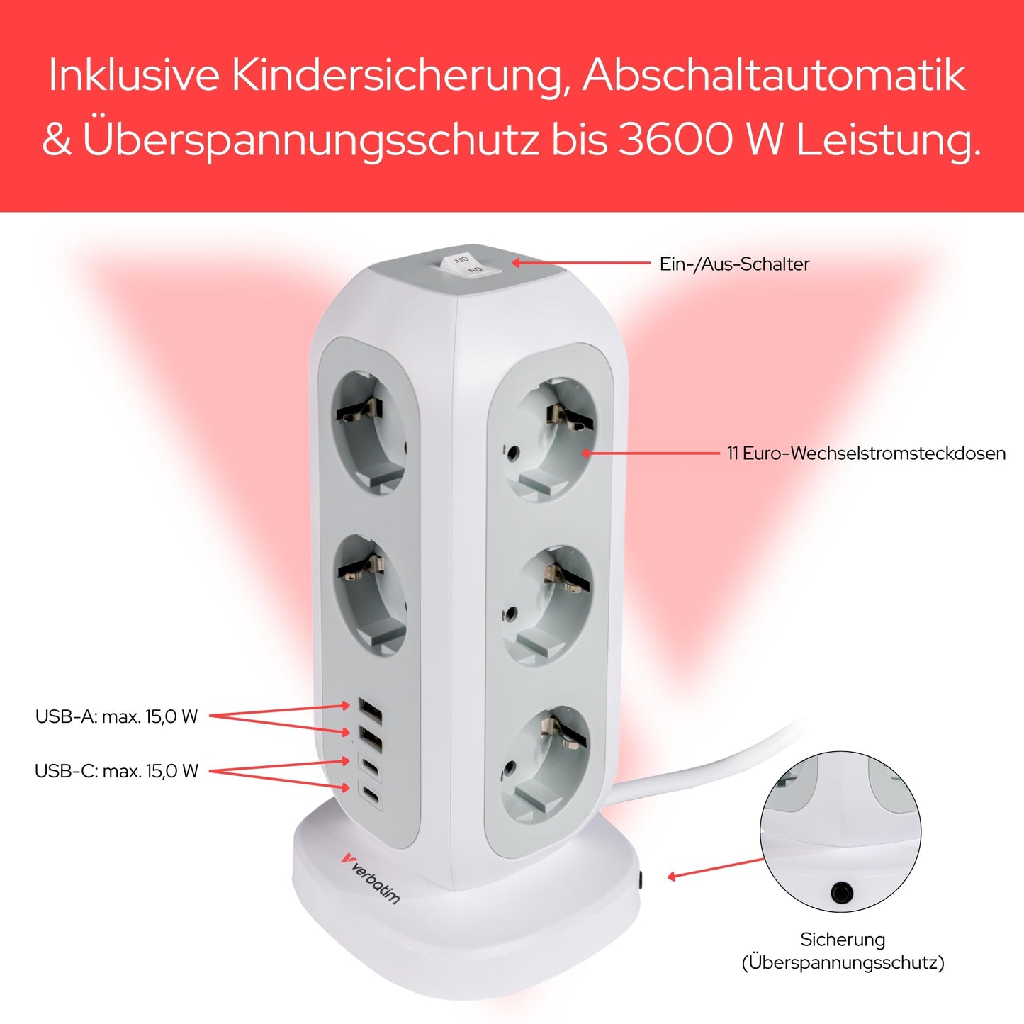 Verbatim EU Power Tower EUPT-01 11xAC / 2xUSB / 2xType-C, W128869199 (/ 2xUSB / 2xType-C)