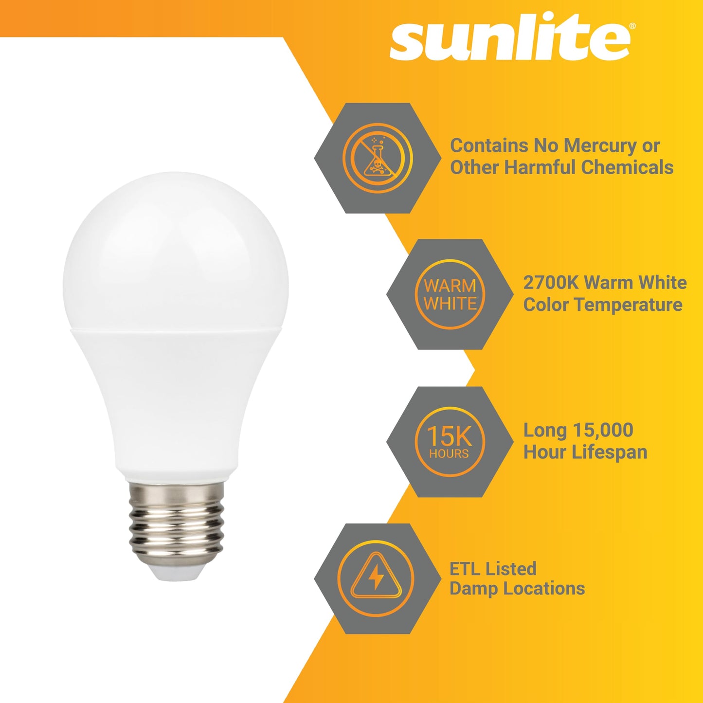 Sunlite 41816-SU LED A19 Light Bulbs, 9 Watts (60W Equivalent), 800 Lumens, Medium Base (E26), Non-Dimmable, Frost, ETL Listed, 2700K Warm White, 18