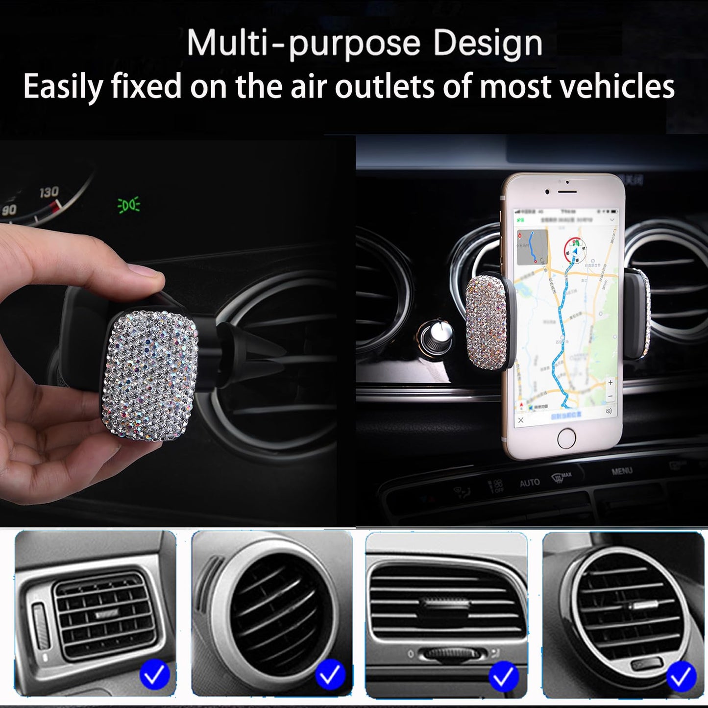 SUNCARACCL Bling Car Phone Holder, 360°Adjustable Universal Rhinestone Crystal Auto Phone Mount Stand Accessories for Windshield Dashboard and Air