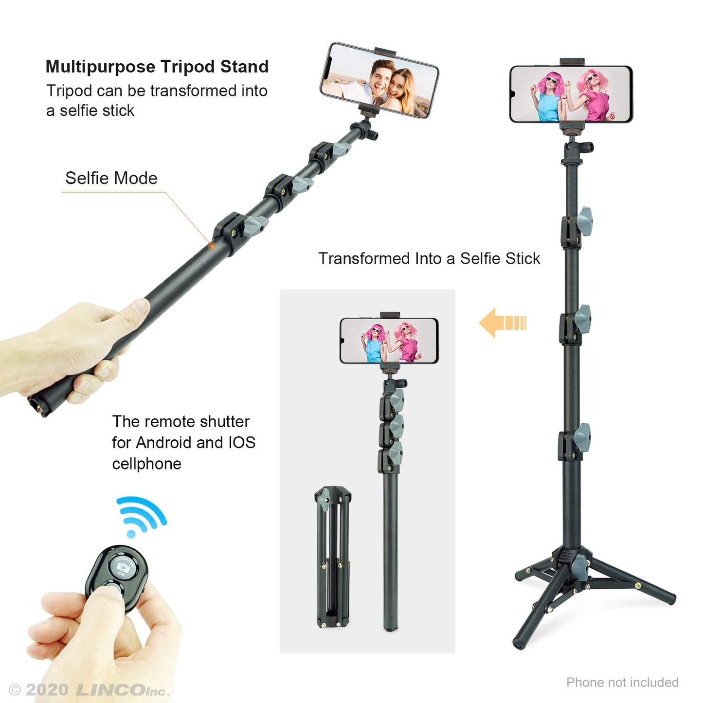 Selfie Stick & Tripod LINCO, Integrated, Portable All-in-One Professional, Heavy Duty, Lightweight, Bluetooth Remote for Apple & Android Devices