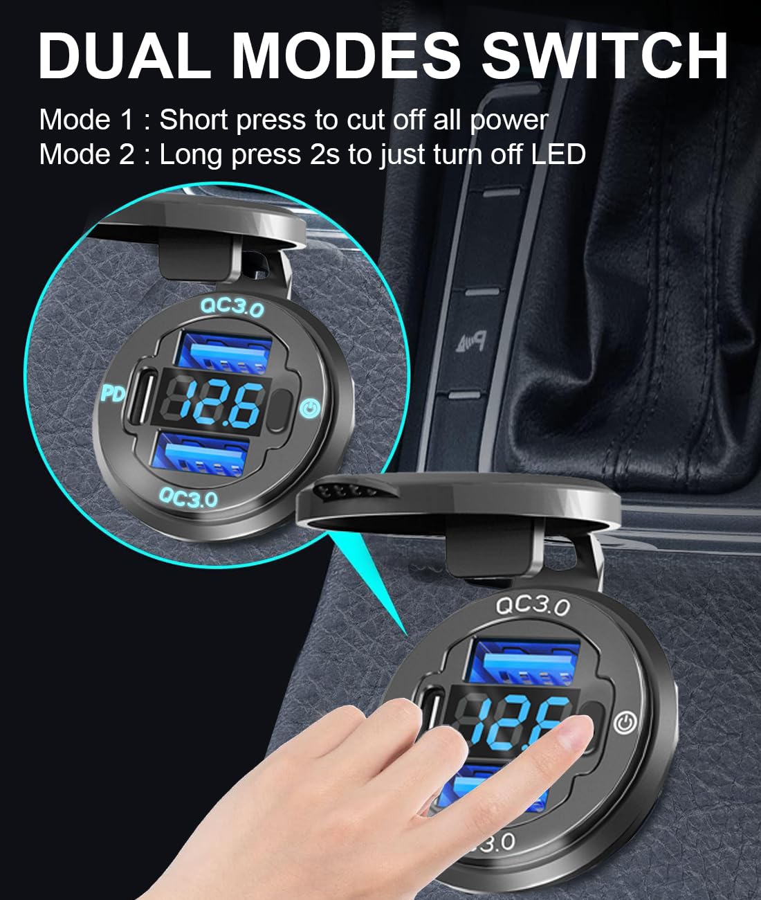 78W Triple-Port 12V USB Outlet with Voltmeter & Switch - PD3.0 & Dual QC3.0 Quick Charge Car Charger Socket, Aluminum Alloy Waterproof USB C Port