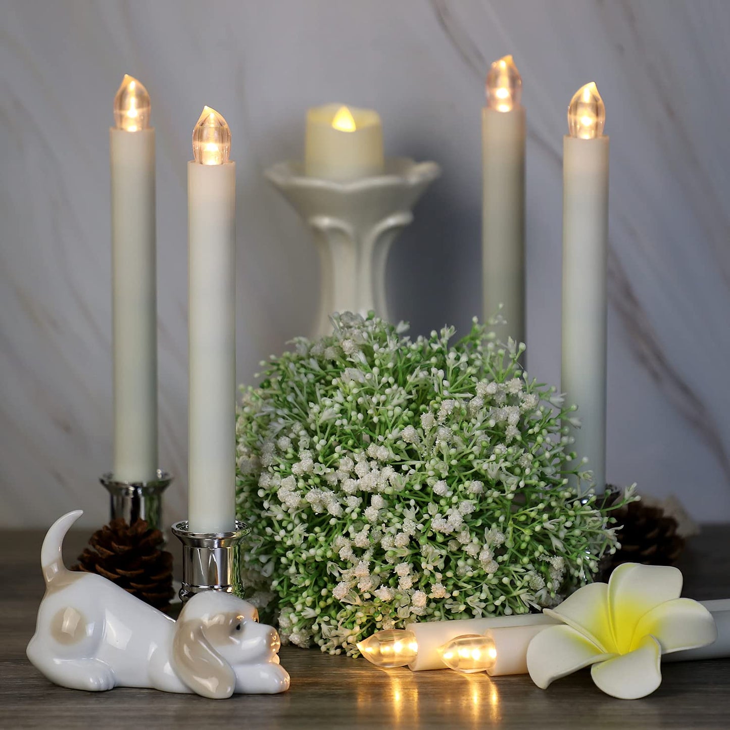 OWLBAY Set of 12 Flickering Flameless Window Candles with Remote and Timer, 8.7" H Battery Operated LED Taper Candles with Removable Silver Holders