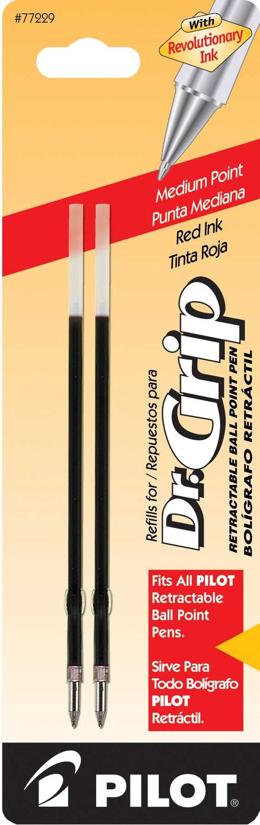 PILOT Dr. Grip Ballpoint Ink Refills for Retractable Pens, Medium Point, Red Ink, 2-Pack (77229)