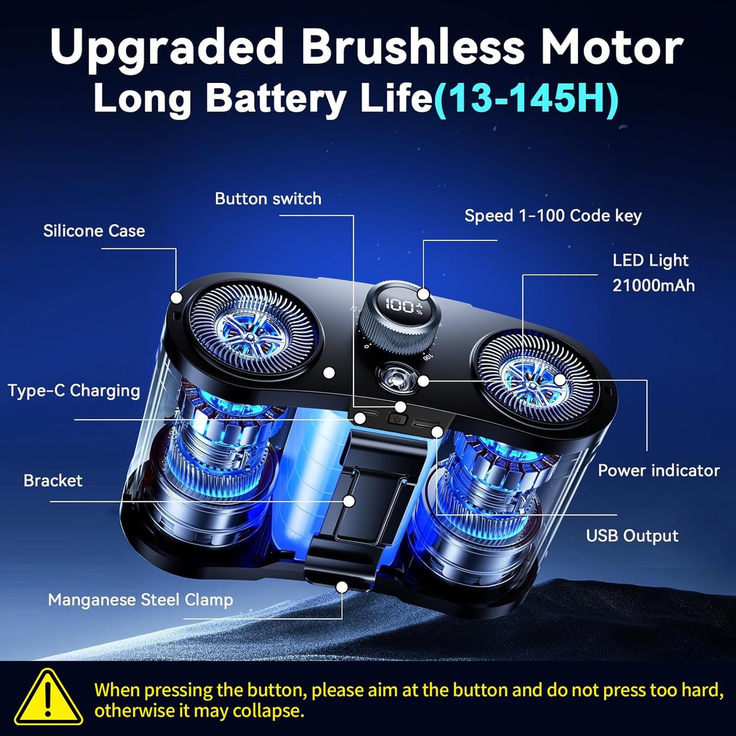 21000MAh Portable Waist Fan, 100 Speeds 34000RPM Strong Airflow, Belt Fan with up to 145H of Working Time, Flashlight Hands-Free Hanging Neck