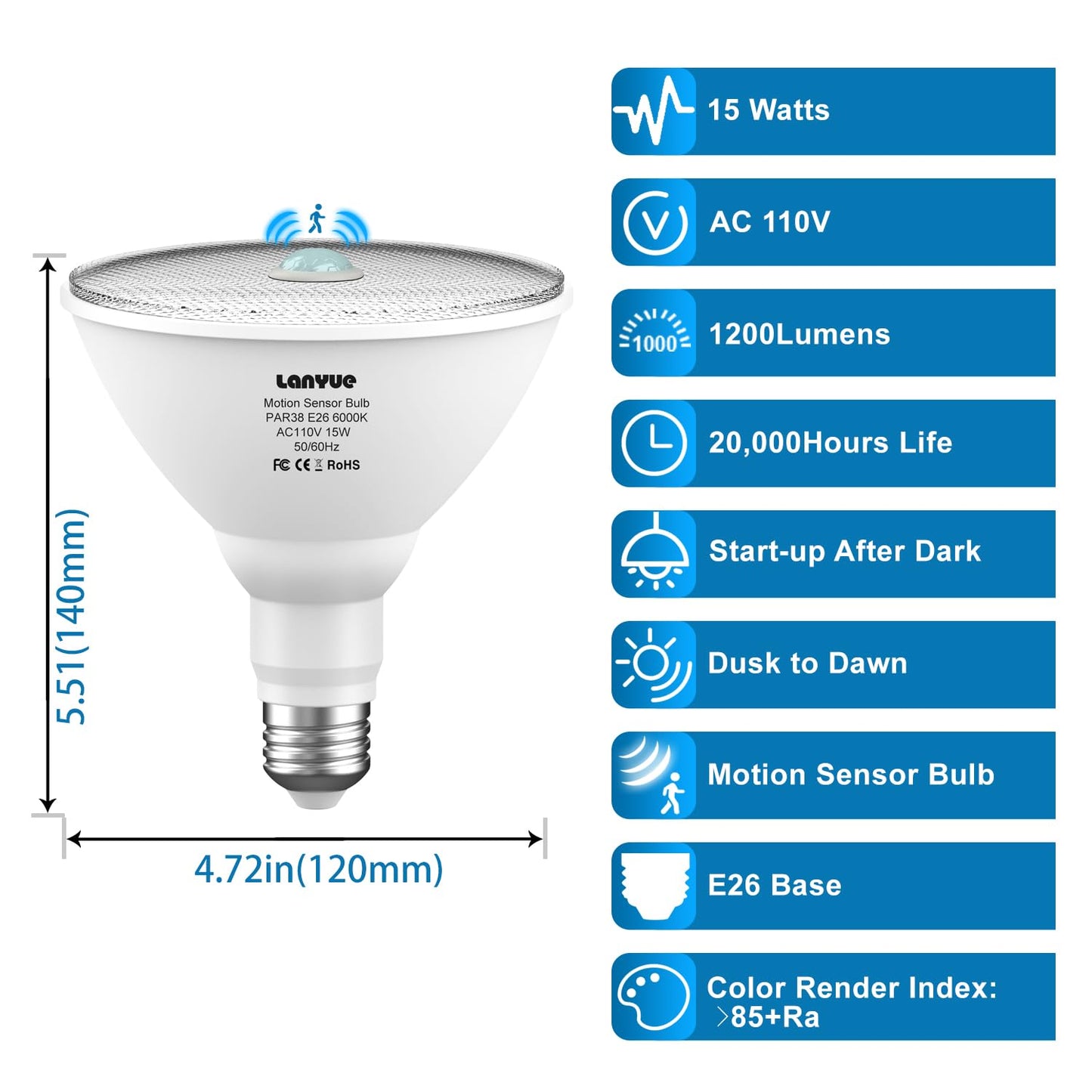 lanyue Motion Sensor Light Bulbs, Dusk to Dawn Outdoor Lighting, PAR38 Led Motion Sensor Flood Light 100 Watt Equivalent(15W), 6000K Daylight