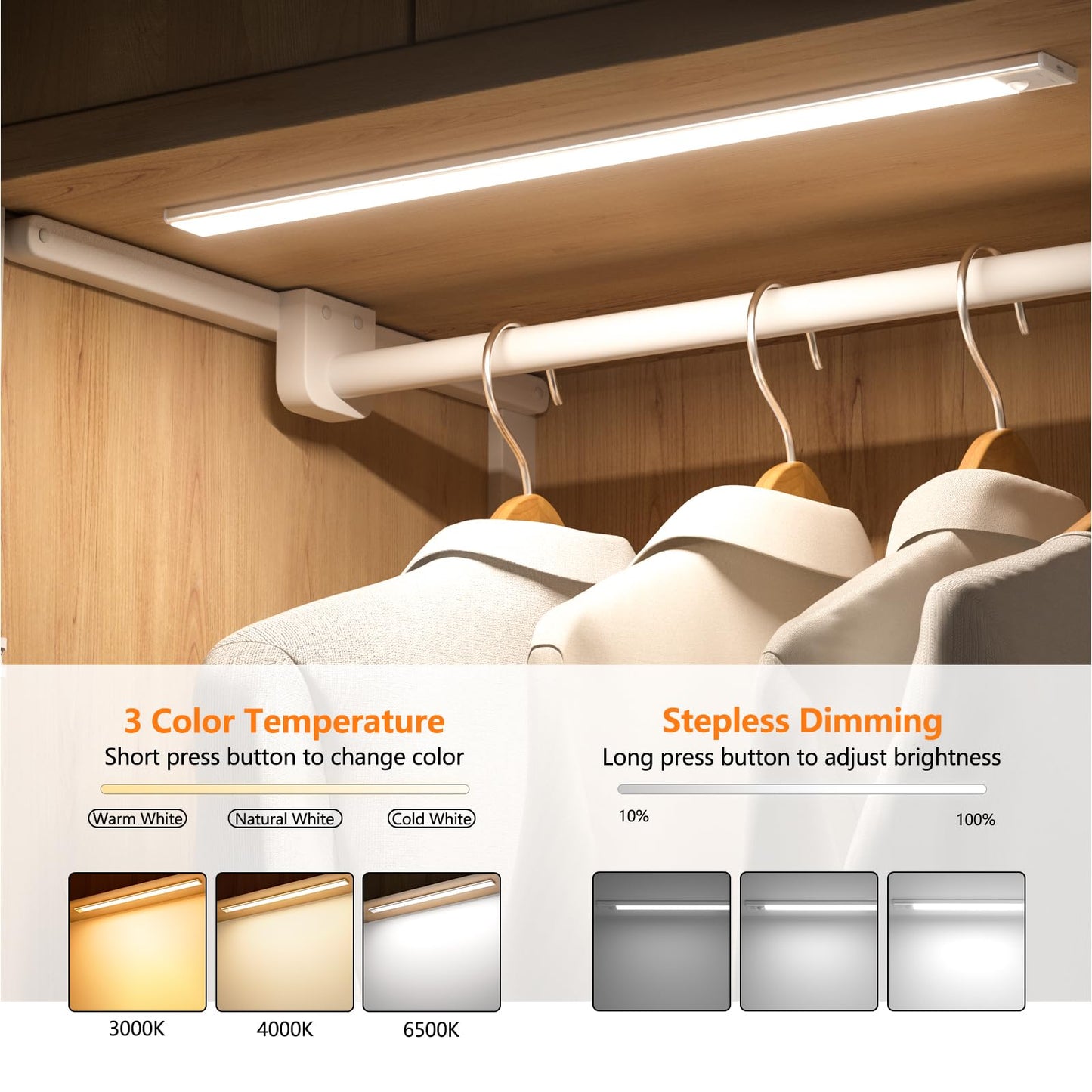 DEALGADGETS 60cm Ultra Thin Under Cabinet Lights, 106 LED 5000mAh Motion Sensor Lights Indoor, 3 Color Stepless Dimming Rechargeable LED Lights