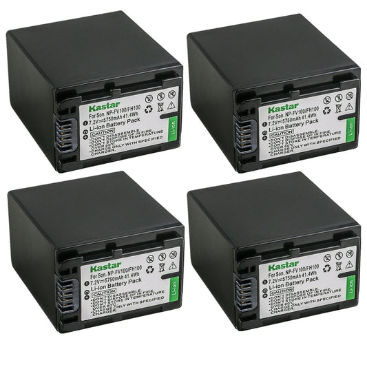 Kastar 4-Pack NP-FV100 Battery 7.2V 5750mAh Replacement for Sony NEX-VG30, NEX-VG900, HXR-MC50, HXR-MC88, HXR-NX30, HXR-NX70, HXR-NX80, PXW-Z90V