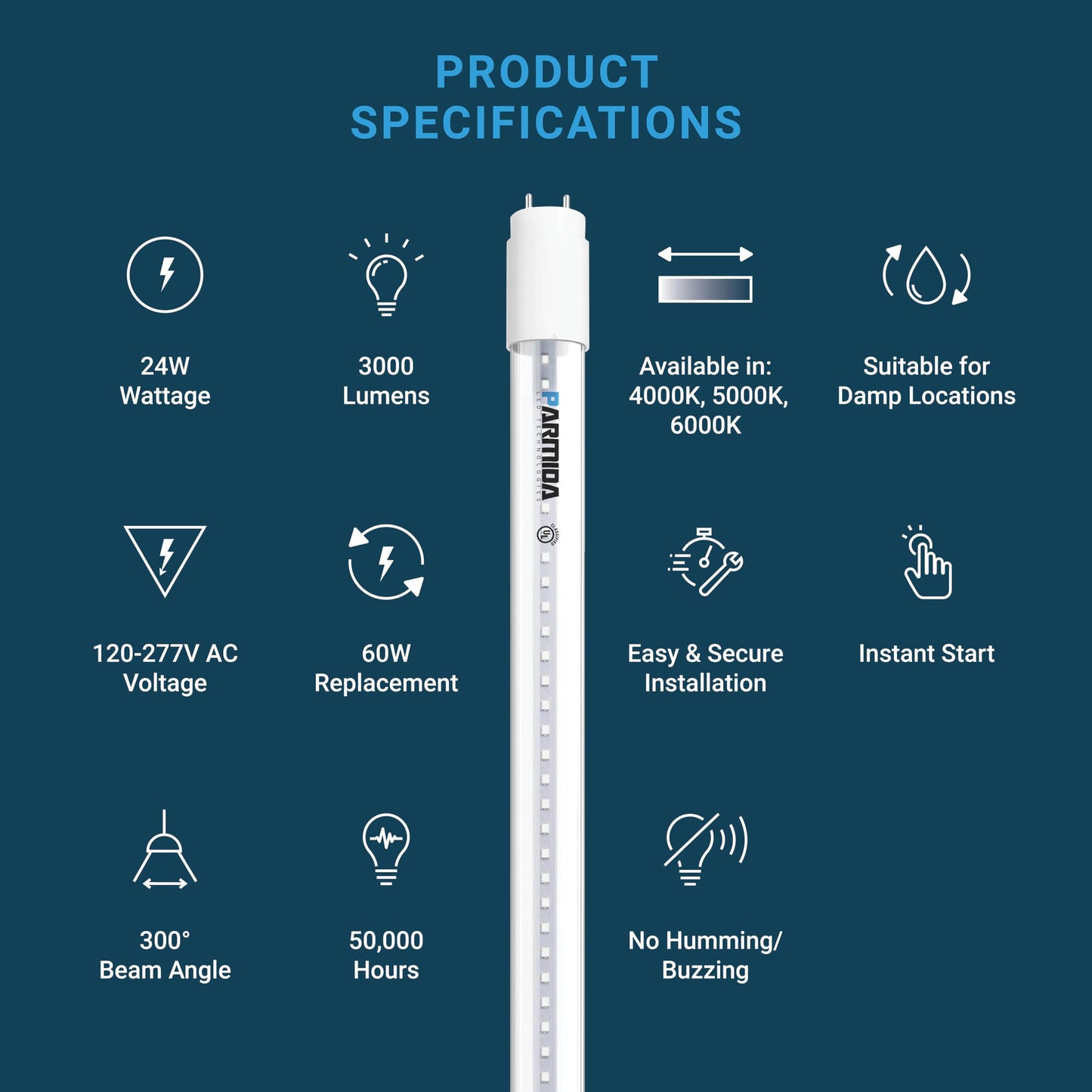 PARMIDA 20-Pack 4FT LED T8 Hybrid Type A+B Light Tube, 24W, Plug & Play or Ballast Bypass, Single-Ended OR Double-Ended Connection, 3000lm, Clear