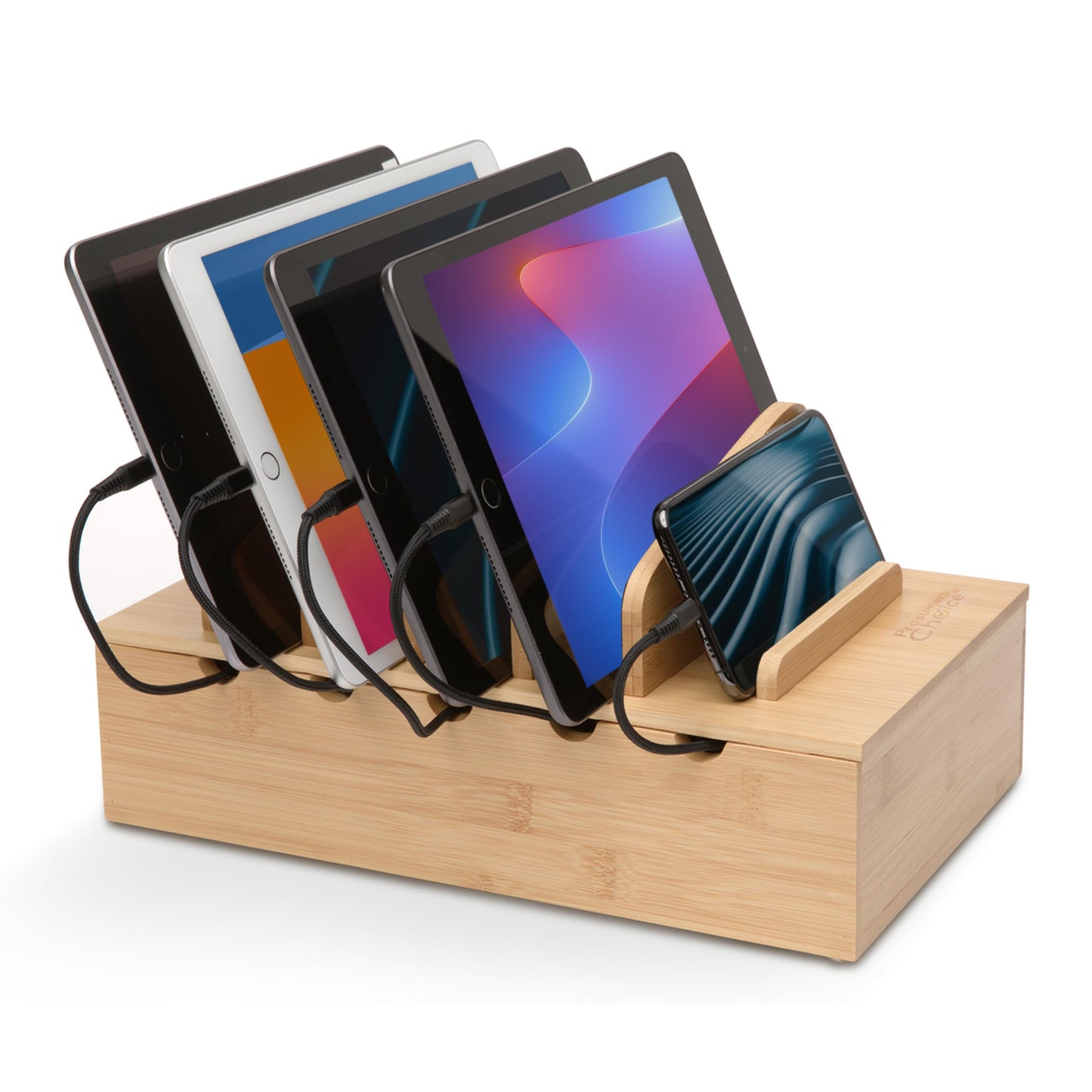Prosumer's Choice Wooden Charging Station Organizer - 5-Port Base for Phones, Tablets and Laptops - Multi-Device Docking Station with Removable