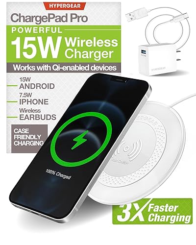 HyperGear ChargePad Pro - 15W Wireless Charging Pad, Wireless Charger for iPhone & Android, Compatible with Qi Enabled Phones & Devices, Includes Wall