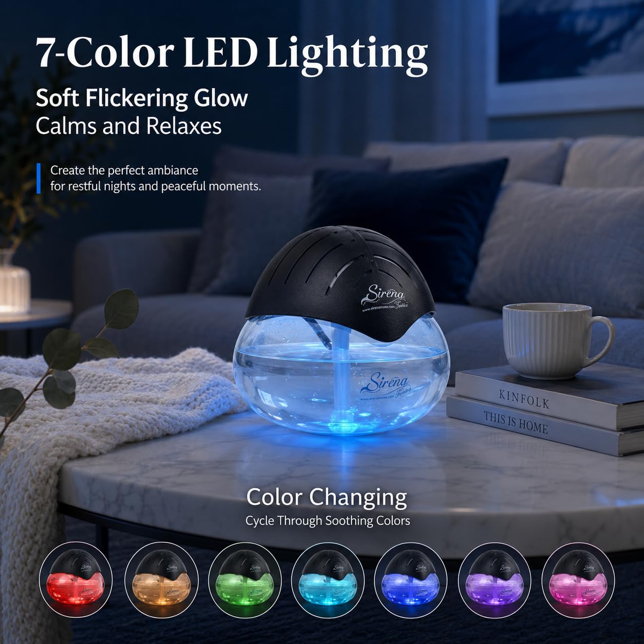 Sirena Twister Air Purifier (Black) - Water Filter Air Washer For Home and Office - Essential Oil Aroma Diffuser With LED Night light - Small Air