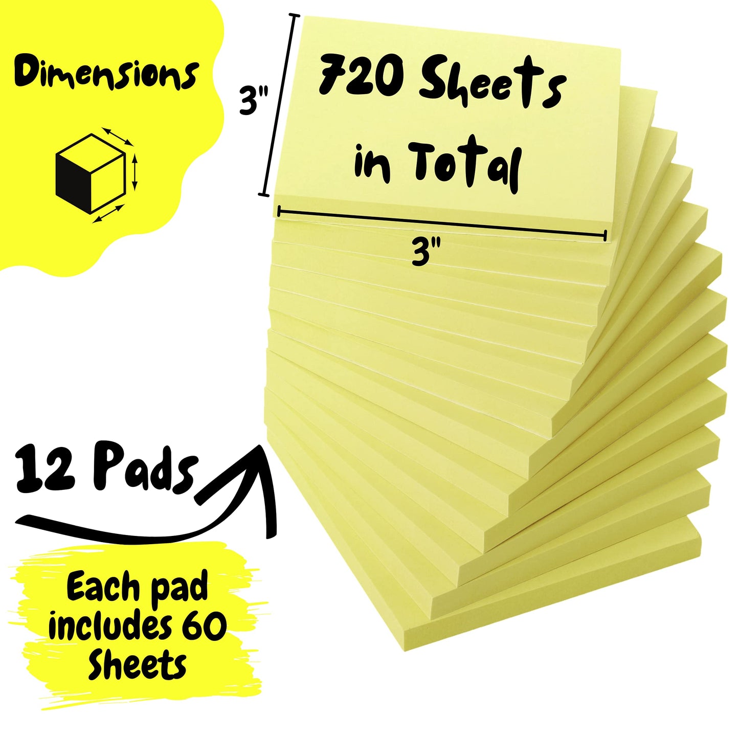 Mr. Pen- Sticky Notes, 3"x3", 12 Pads, 720 Sheets, Pastel Yellow Colors