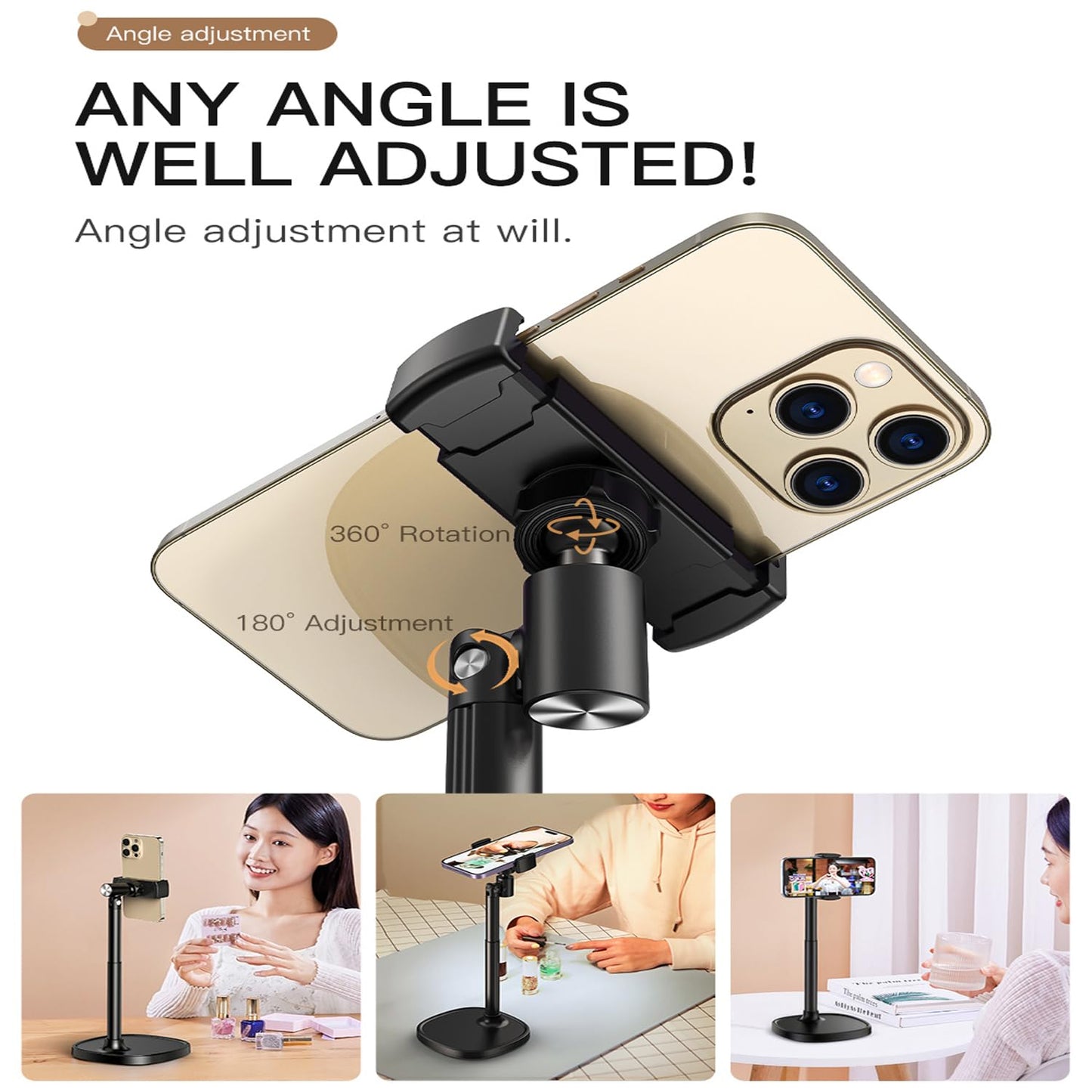 Faung Cell Phone Stand for Desk, Adjustable Height & Angle Phone Holder, 360° Rotation Retractable Desktop Phone Stand for iPhone Samsung and All