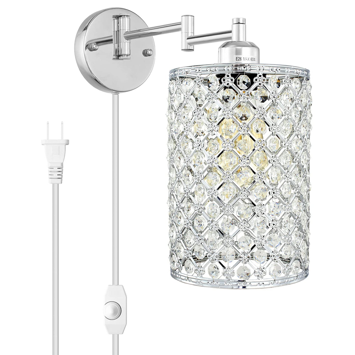 Merlight 1-Light Wall Lamp Modern Style Metal Round lampshade Decorative Dimmable Crystal E26 Base Wall Lights Industrial Swing Arm Wall Sconce