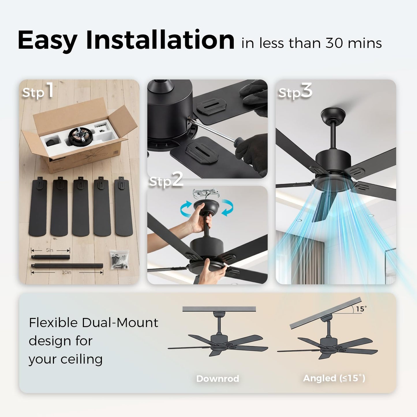 Obabala Outdoor Ceiling Fan No Light, 52 Inch Black Modern Ceiling Fan Without Light, Dual Finish 5 Blades,6 Speed, Reversible Quiet DC Motor