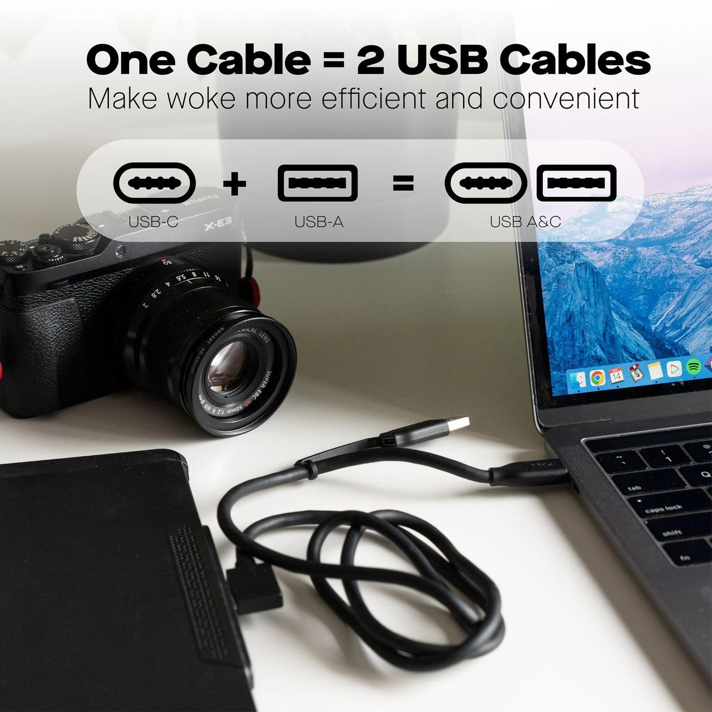 MP Mobile Pixels 2-in-1 Cable, Laptop Monitor Cable, Right Angle USB A/C Cables, 3A/5.0 Gbps Durable, Flexible, Tangle-Resistant Braided Nylon Cord