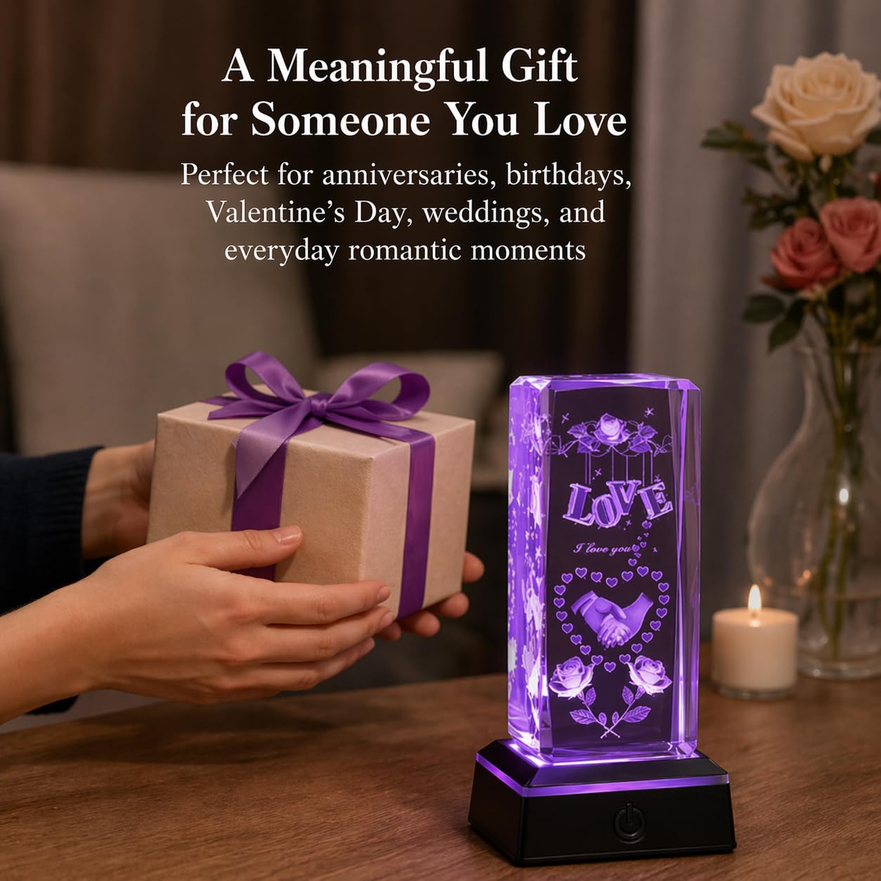 Zerelys Romantic Gifts for Him Her, Mother’s Day Gift for Wife, 3D Love Crystal Night Light with Multicolor LED Base, Anniversary Birthday Valentine’s