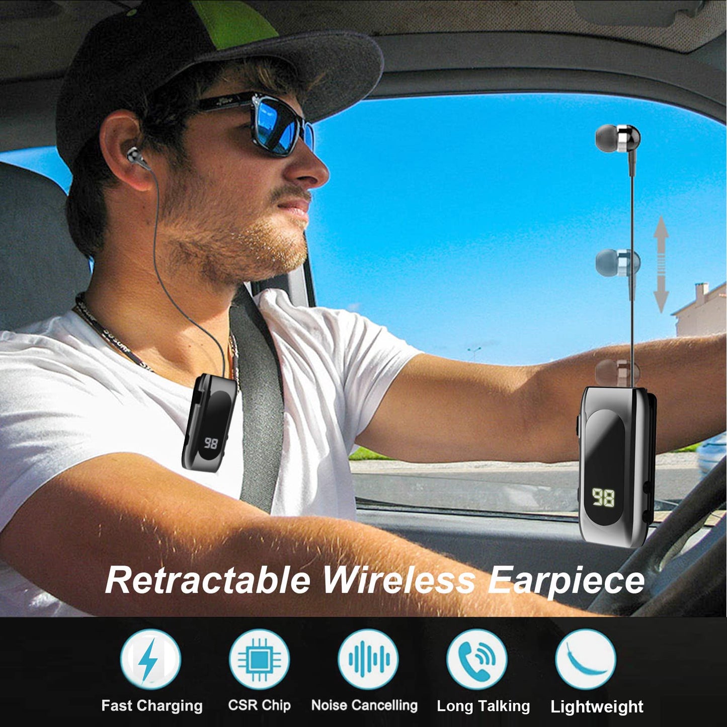 FashionLive Retractable Wireless Headset Headphone Stereo Earphone V5.0 Noise Cancelling Mic Clip on Earpiece Comfortable HandsFree Headset 20Hrs