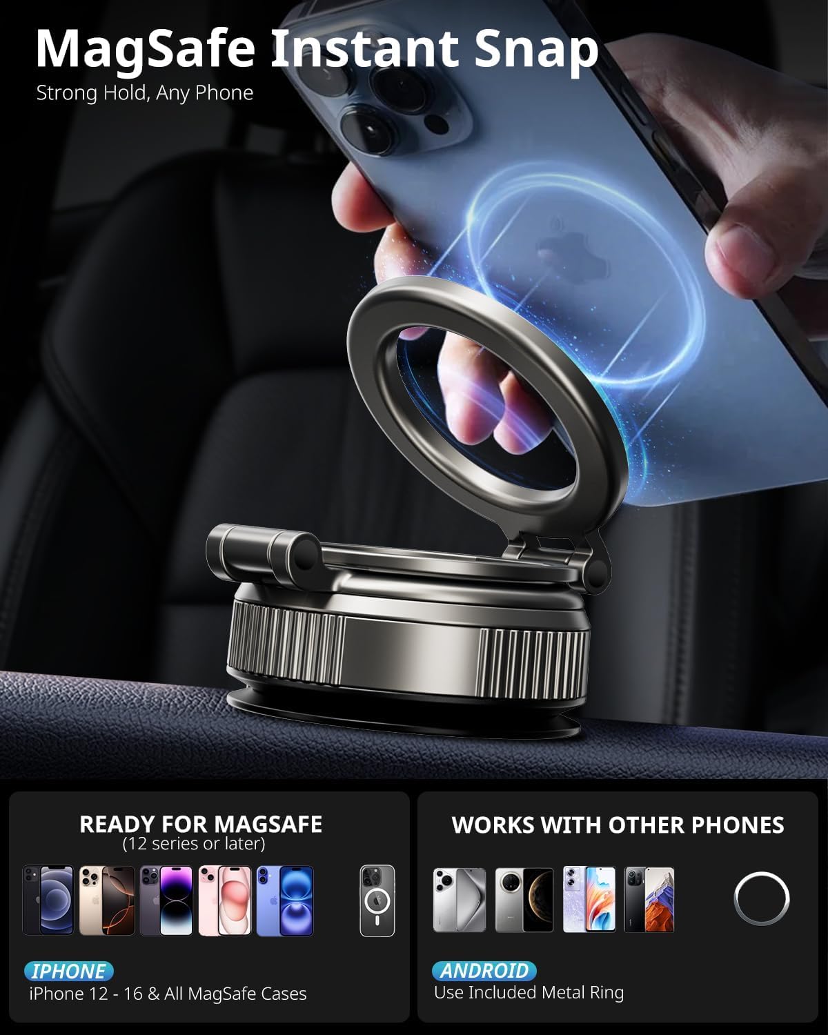 UBeesize 2025 Upgraded 360° Magsafe Vacuum Magnetic Car Phone Holder [108+LBS Strongest Suction&3000gf Dual-Lock Nano Gel] Dashboard & Windshield