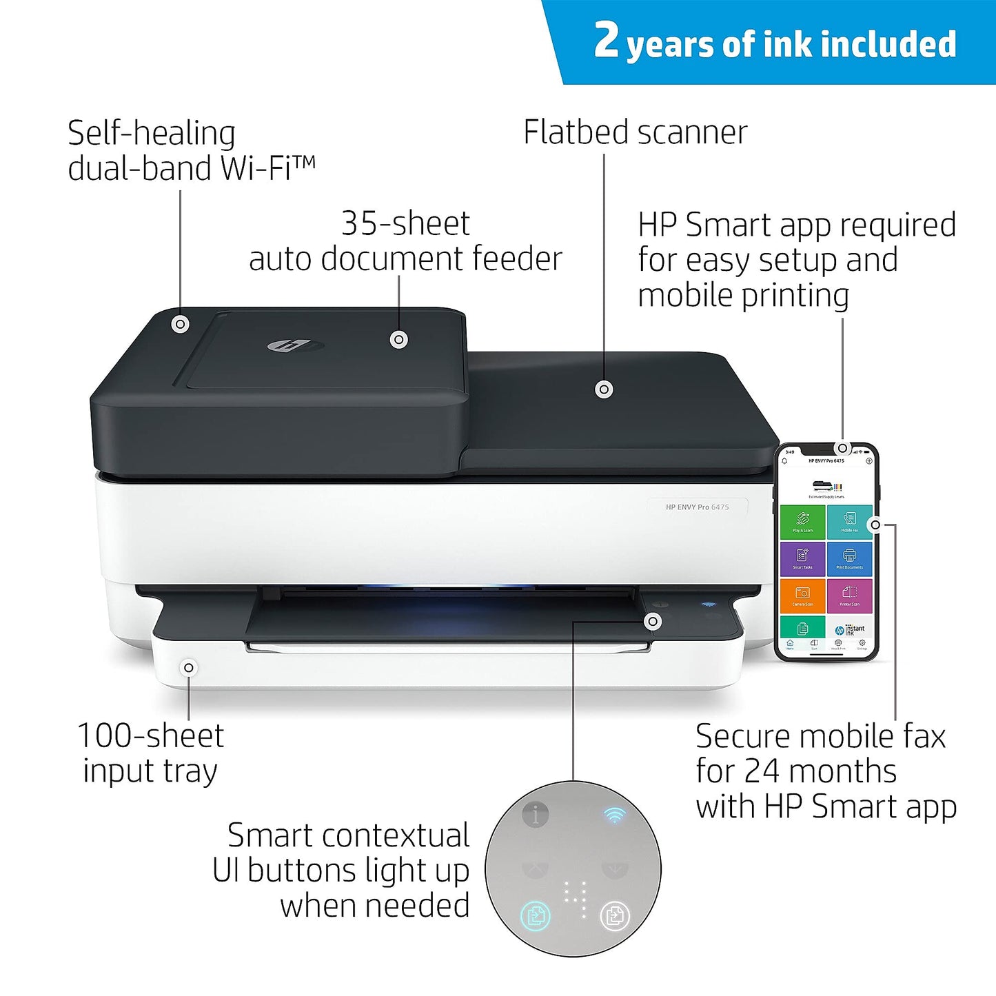 HP Envy Pro 6475 Wireless All-in-One Printer, Includes 2 Years of Ink Delivered, Mobile Print, Scan & Copy, Compatible with Alexa (8QQ86A)