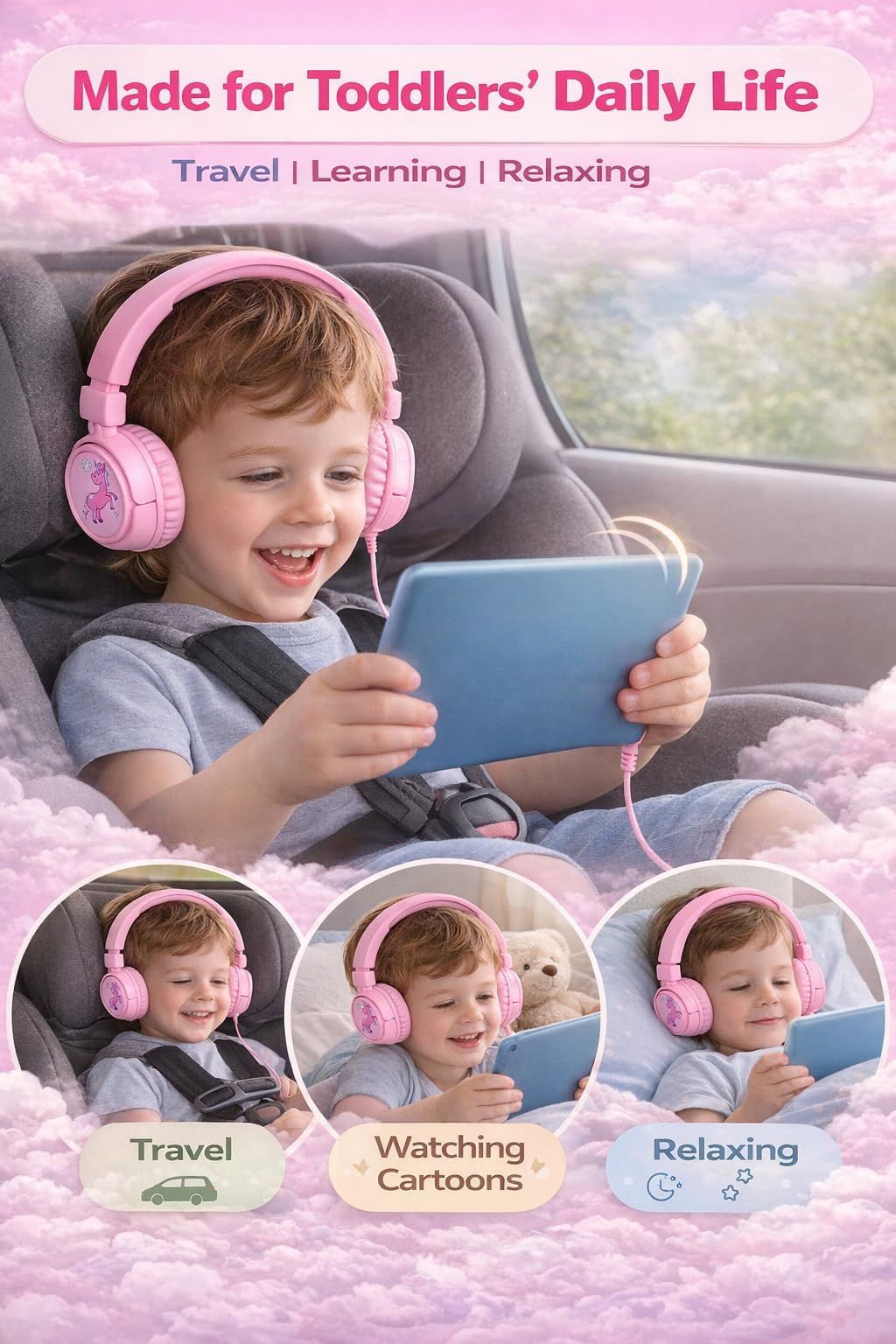 IYGR K6 Kids Headphones for Toddler & Kids Ages 2-12, 85/94dB Safe Volume Limited, Wired with 3.5mm Jack, HD Microphone, Adjustable & Foldable, On-Ear
