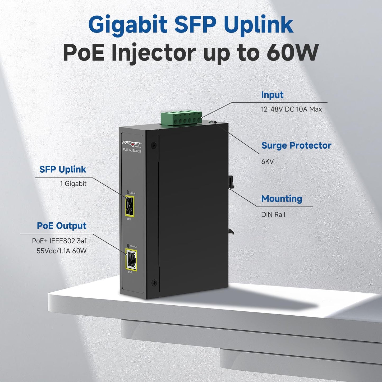 PROCET Gigabit PoE Injector DIN Rail 60W SFP Uplink PoE++ Power Injector, 6KV Surge Protection, -40°F to 149°F for UniFi AI Turret PTZ Camera