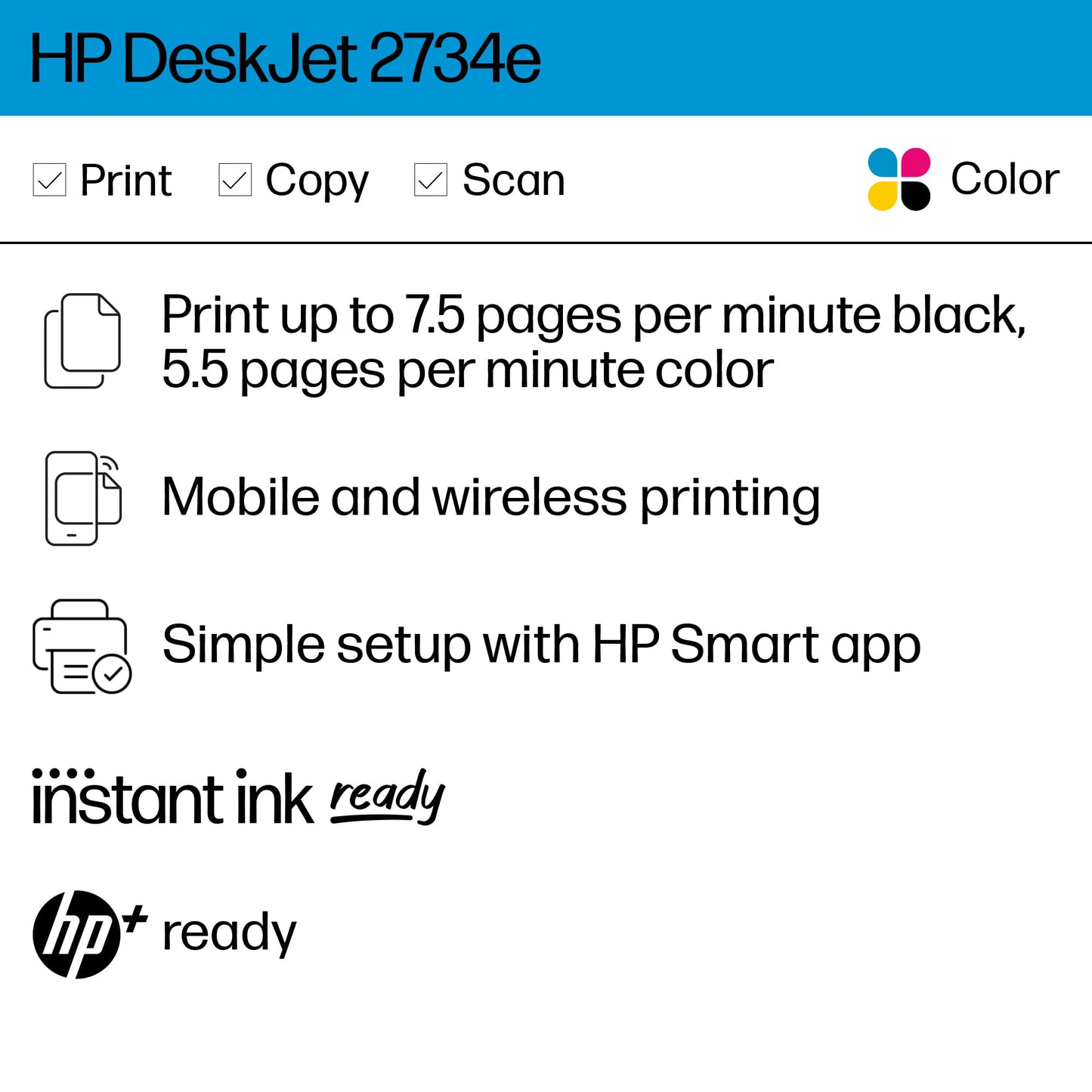 HP DeskJet 2734e Wireless Color All-in-One Printer with 3 Month Instant Ink Trial Included (26K72A), White (Packaging May Vary)