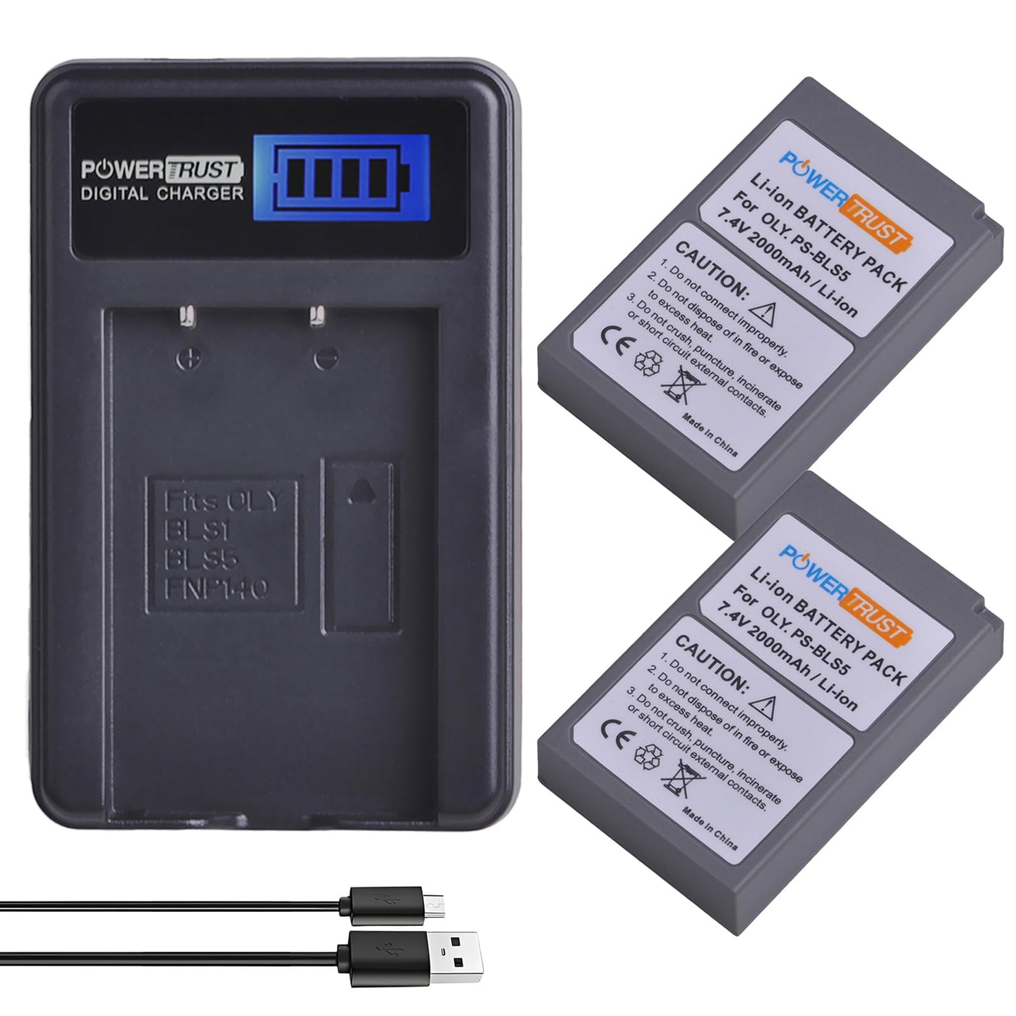 PowerTrust 2-Pack PS-BLS5 BLS-5 BLS5 Bls50 Batteries and LCD USB Charger for Olympus OM-D E-M10,Mark III,Mark II,Pen E-PL2,E-PL6,E-PM2, Stylus 1
