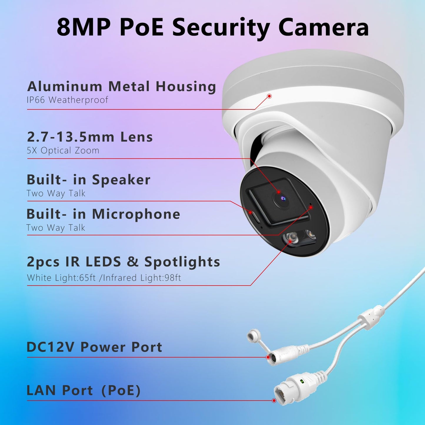 Tennoz 8MP 4K PoE IP Security Camera, H.265 Dome IP Camera with Smart Dual Light Colorvu, 5X Optical Zoom, Two Way Talk, SD Card Slot, 98ft Night
