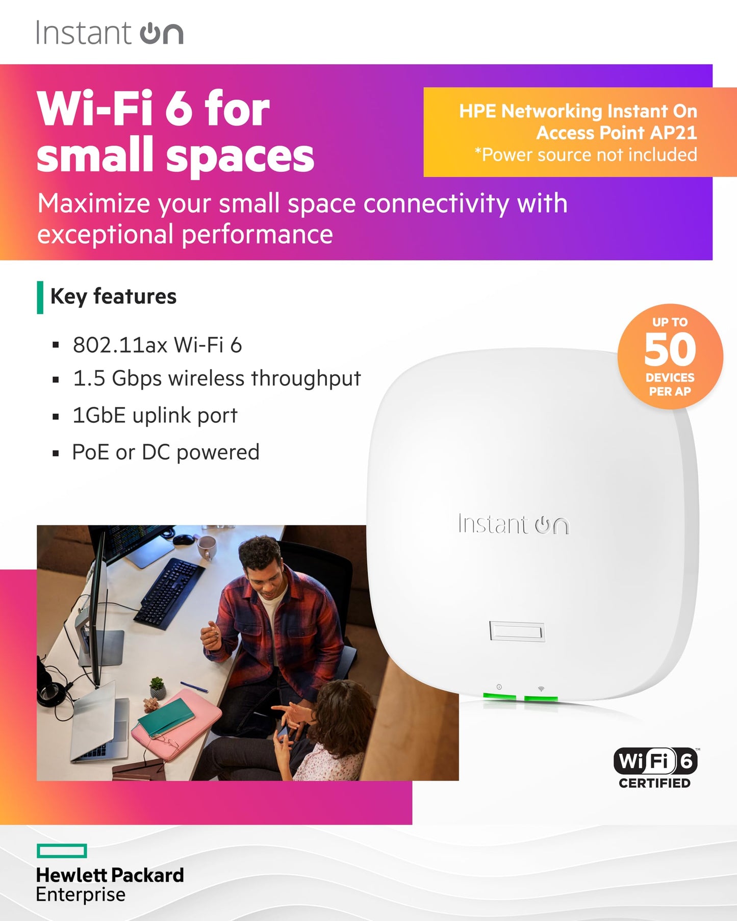 HPE Networking Instant On Access Point AP21 2x2 WiFi 6 Indoor Wireless Access Point | Single-Room, Secure, Smart Mesh Support | Power Source Not
