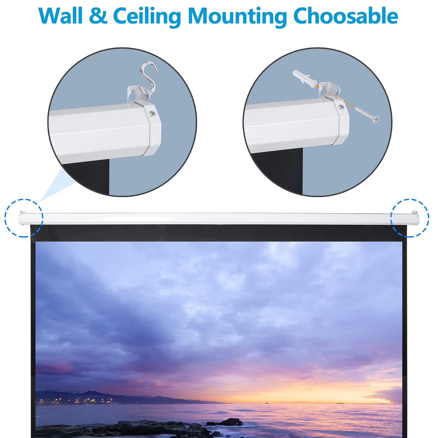 Epetlover 100 Inch 16:9 HD Projection Screen Manual Pull Down Indoor Outdoor Movie Screen, Wrinkle-Free Portable Projector Screen for Home Cinema