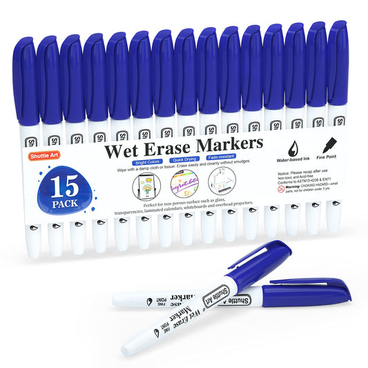 Shuttle Art Wet Erase Markers, 15 Pack Blue 1mm Fine Tip Smudge-Free Markers, Use on Laminated Calendars, Overhead Projectors, Schedules, Whiteboards