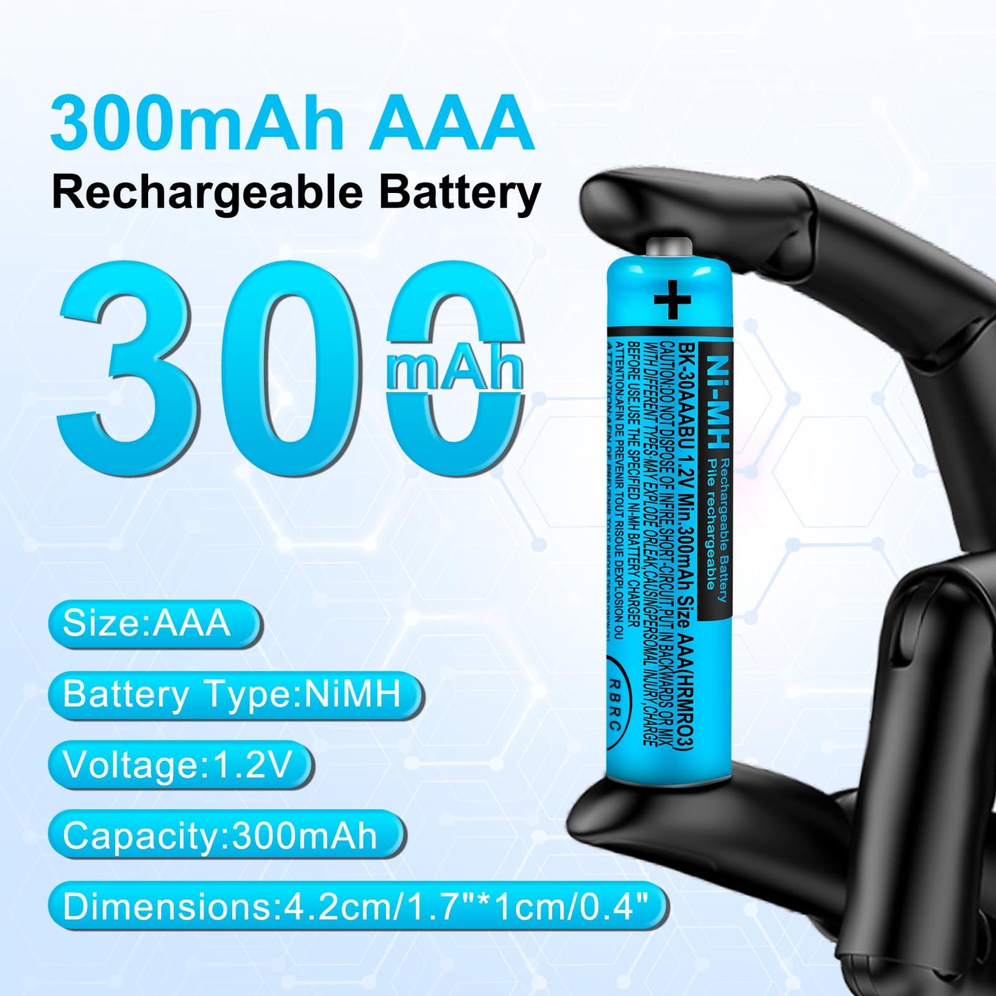 EOCIK BK-30AAABU AAA Rechargeable Battery 4 Pack 300mah NI-MH AAA Batteries 1.2V for Panasonic Cordless Phones,Remote Controls,Electronics