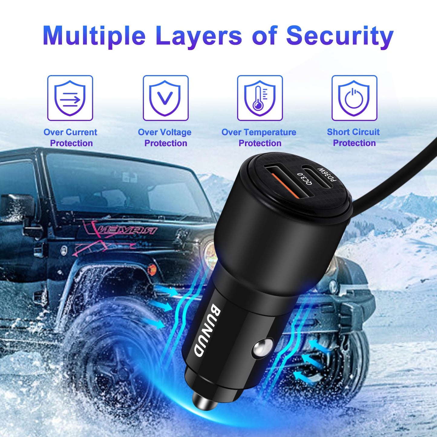 BUNUD Car Charger USB C Fast Charging: 66W USBC & USB-A Dual Ports Cigarette Lighter - USB Car Adapter with Build-in 5FT Coiled Lightning Cable