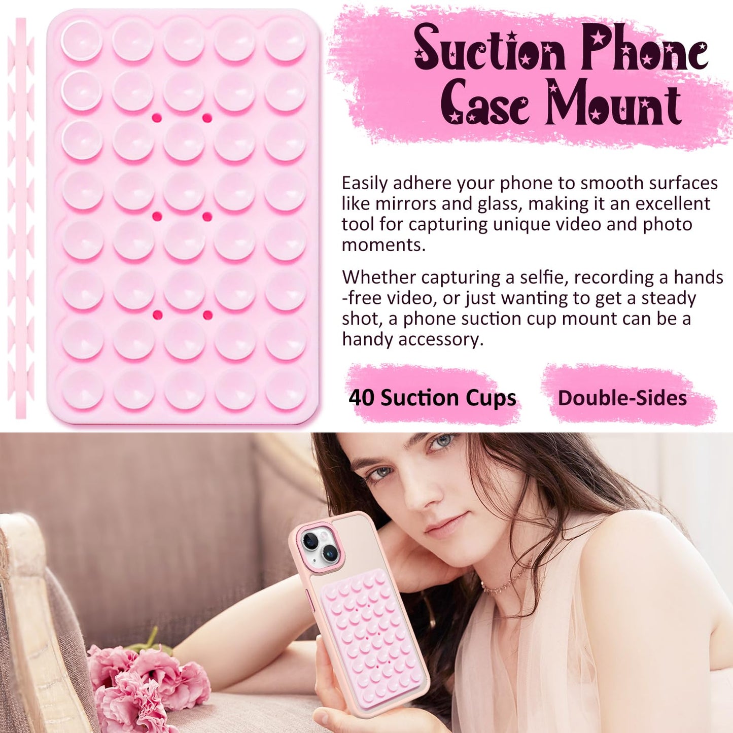 Anteel 2 Pack Silicone Suction Cup Phone Case Mount Double Sided, Hands-Free Silicon Phone Grip with Higher Suction Power for Selfies and Videos, Non
