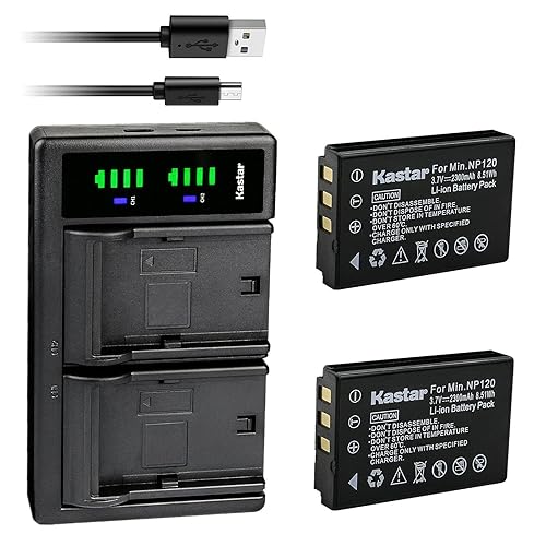 Kastar 2-Pack Battery and LTD2 USB Charger Compatible with Minolta NP-120 Battery, MN80NV, MN88NV, MN90NV, MN200NV, MN220NV 1080p Full HD, MN4K40NV 4K