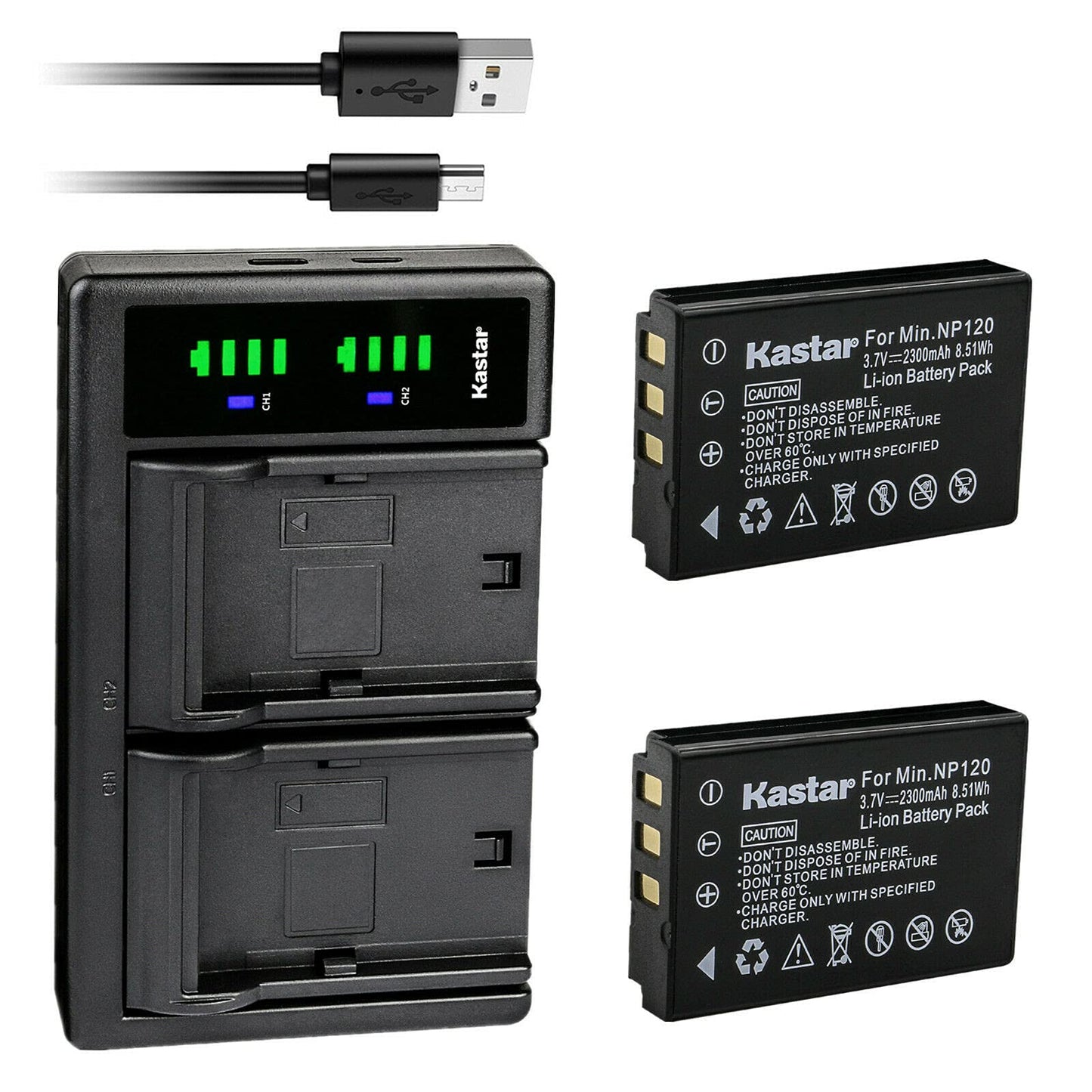 Kastar 2-Pack Battery and LTD2 USB Charger Compatible with Minolta NP-120 Battery, MN80NV, MN88NV, MN90NV, MN200NV, MN220NV 1080p Full HD, MN4K40NV 4K
