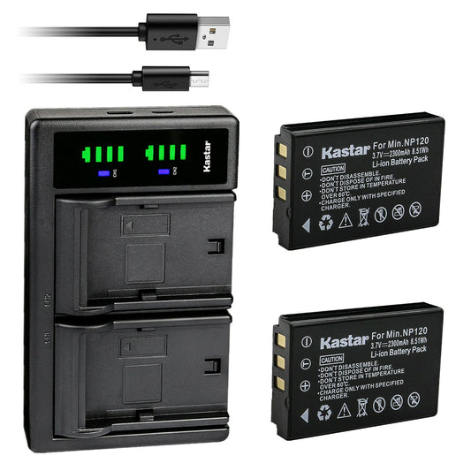 Kastar 2-Pack Battery and LTD2 USB Charger Compatible with Minolta NP-120 Battery, MN80NV, MN88NV, MN90NV, MN200NV, MN220NV 1080p Full HD, MN4K40NV 4K