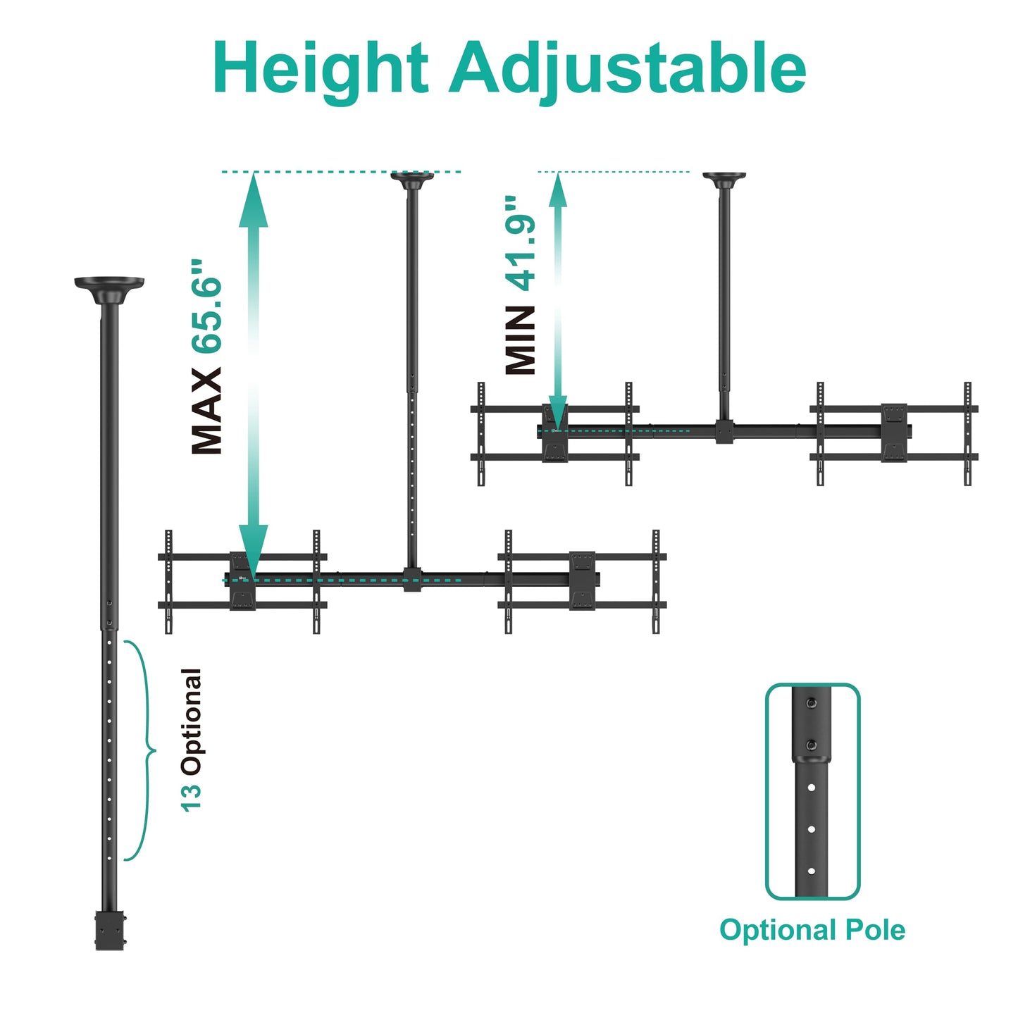 WALI Ceiling TV Mount Dual Screen Side by Side Fits Most Display 34 to 60 Inch TV, Up to 176lbs, 88 lbs for Each Screen, Height Extension up to 65.6