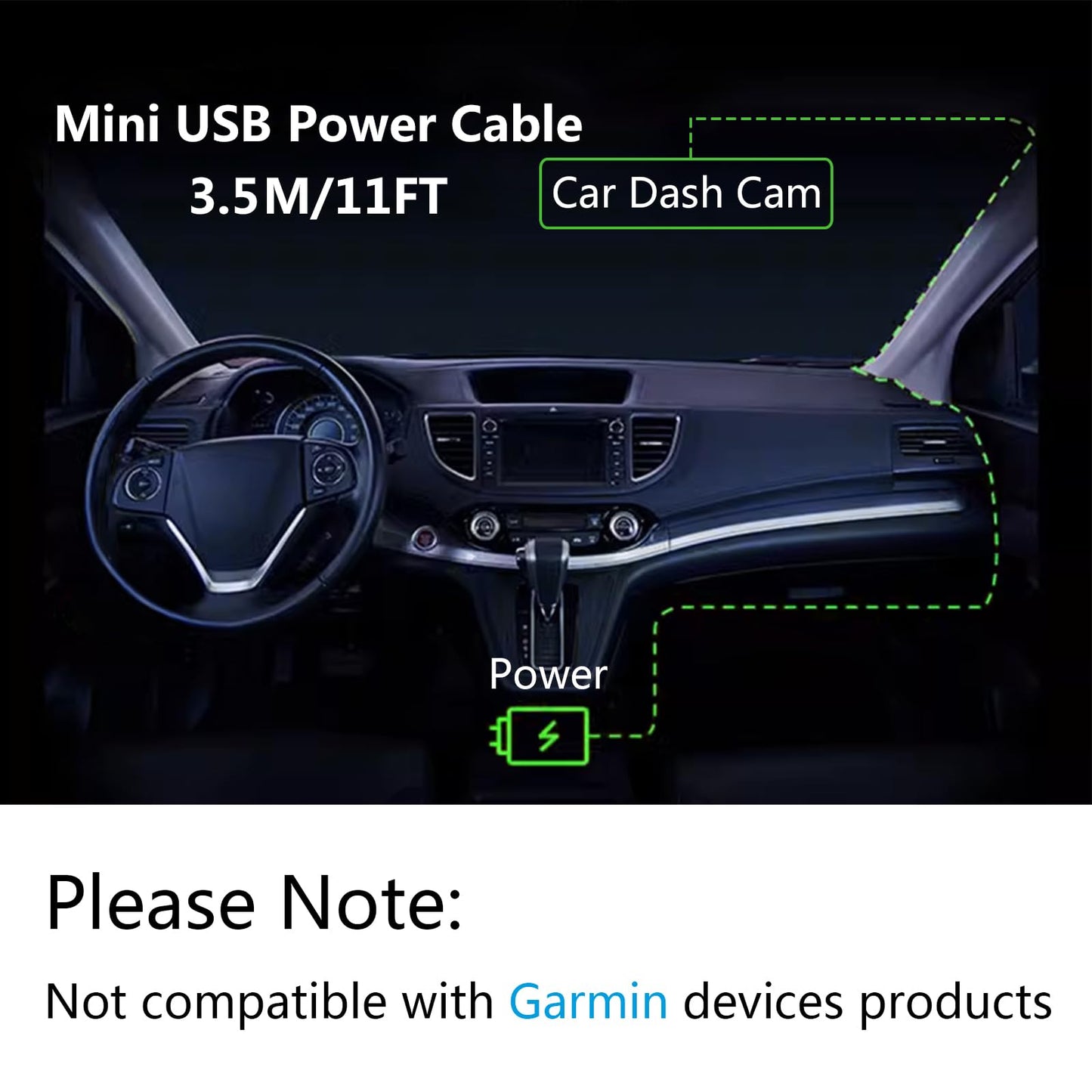 Dash Cam Mini USB Power Cable 11FT, Right Angle 90 Degree Mini USB with Dual USB Port Fast Power Supply, for 12V-24V Car and Truck Dash Cam, GPS
