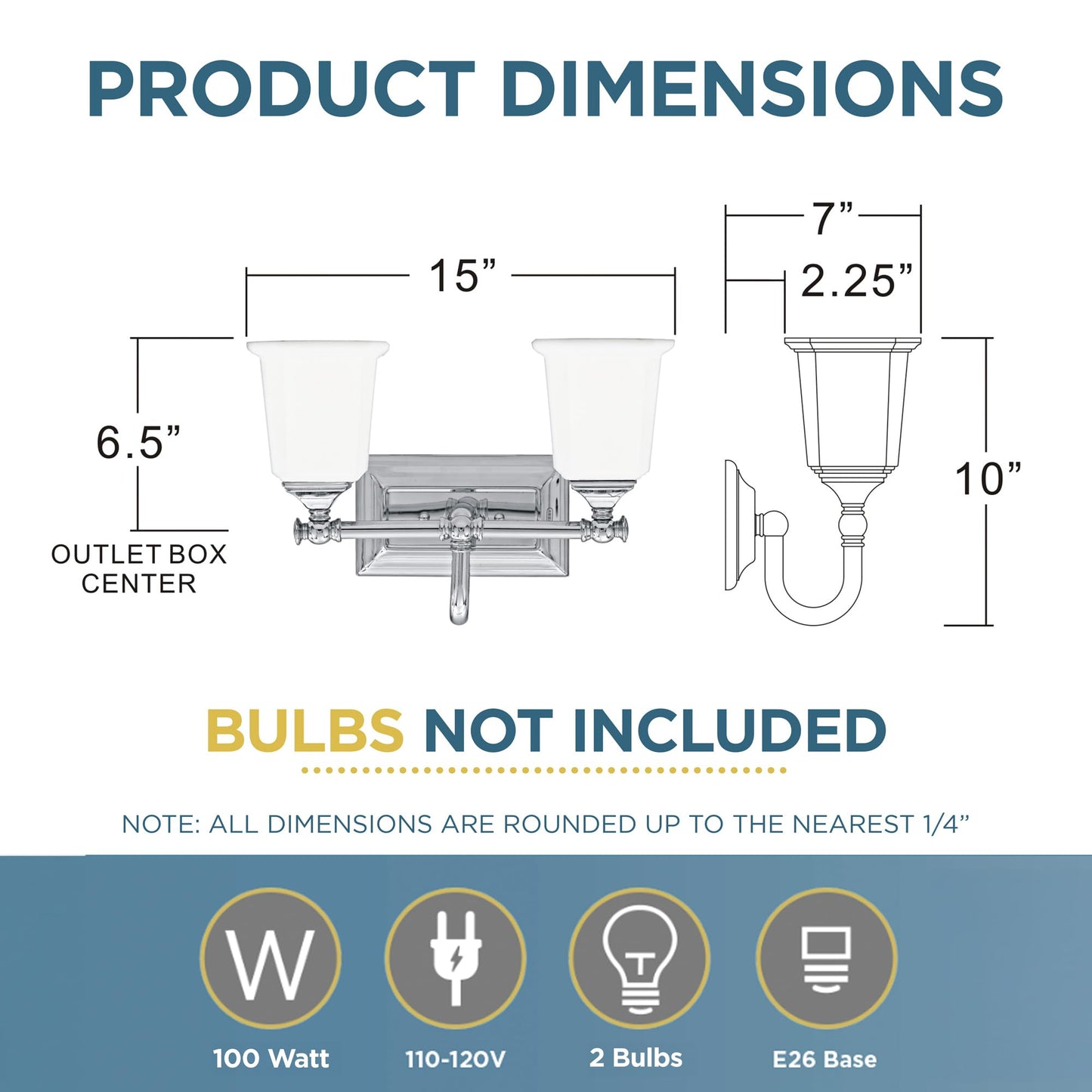 Quoizel Nicholas Vanity Lights, 15 Inch 2-Light Polished Chrome Bathroom Lighting Fixtures Over Mirror, 100W, Opal-Etched Frosted Glass, Mid-Century