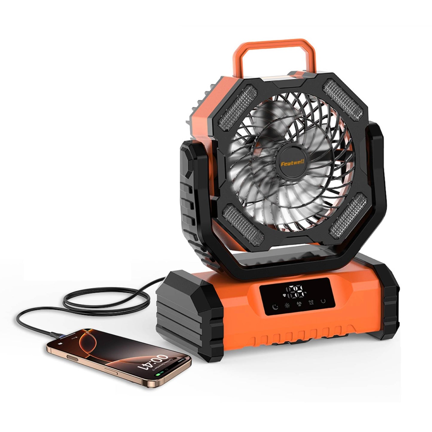 Featwell Camping Fan with Touchscreen & Built-in Light, 20000mAh Portable Fan with 5 Speeds Powerful Airflow, Ventilador Recargable for Tent, Camping